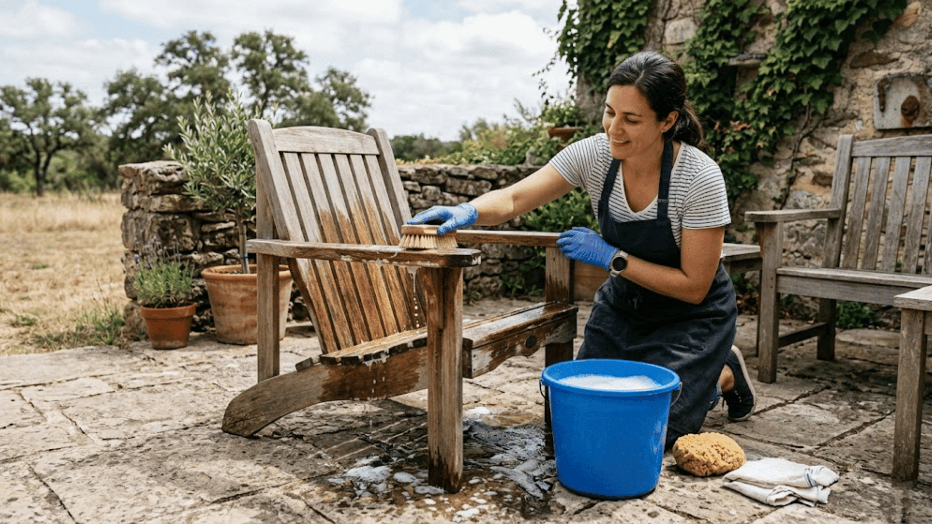 cleaning cypress outdoor furniture using warm soapy water and soft cleaning brush