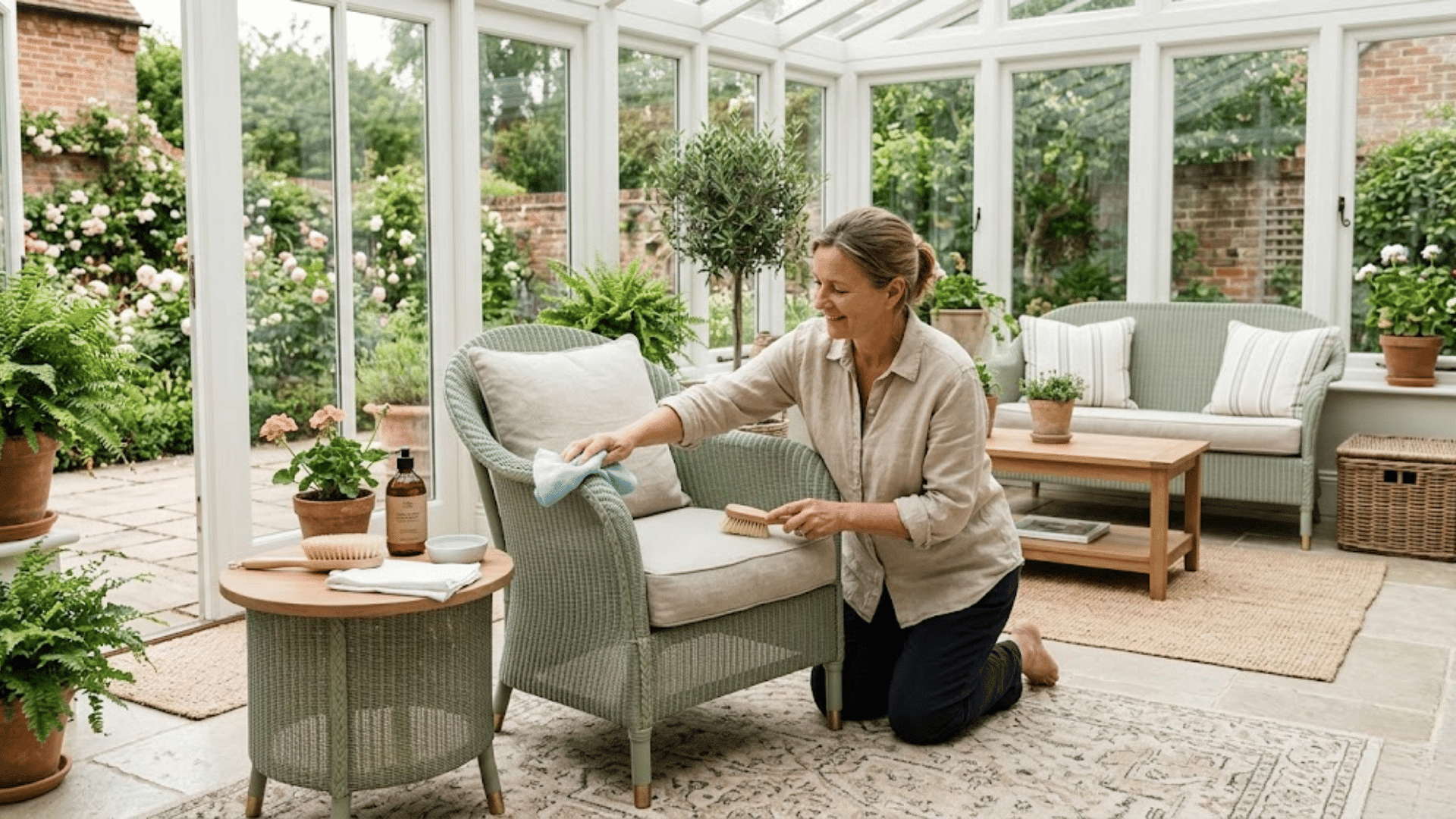 cleaning lloyd loom outdoor furniture with soft cloth in covered patio setting