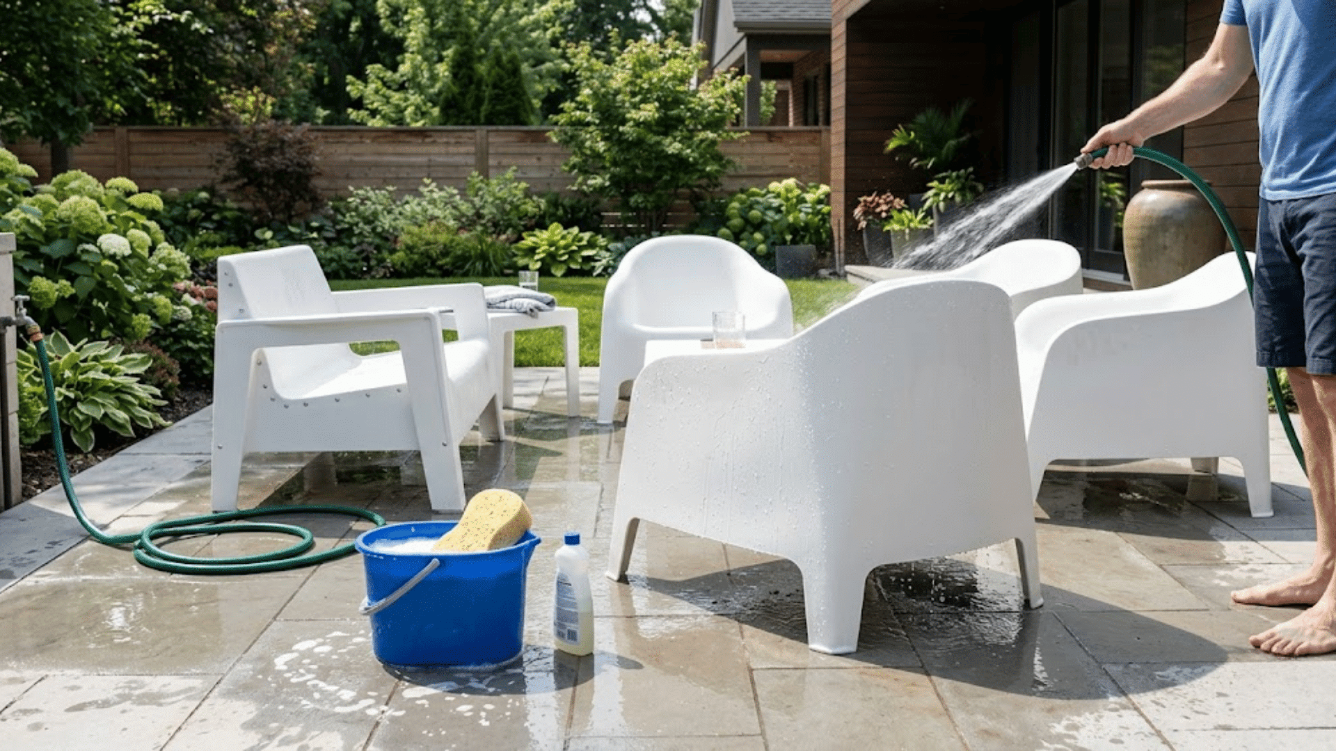 cleaning resin outdoor furniture with garden hose and sponge on modern patio