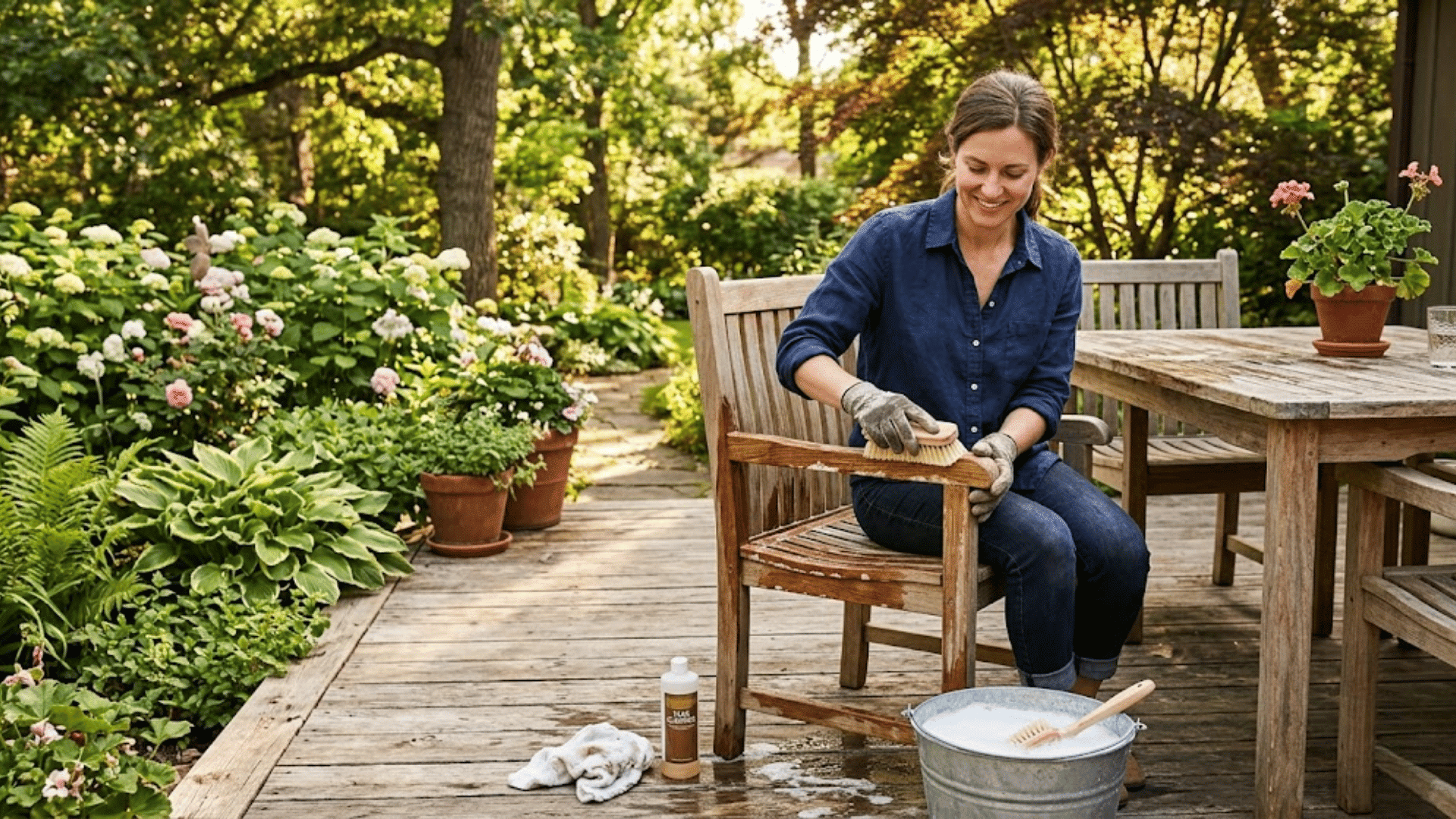 cleaning teak outdoor furniture with soft brush and mild soap in outdoor garden