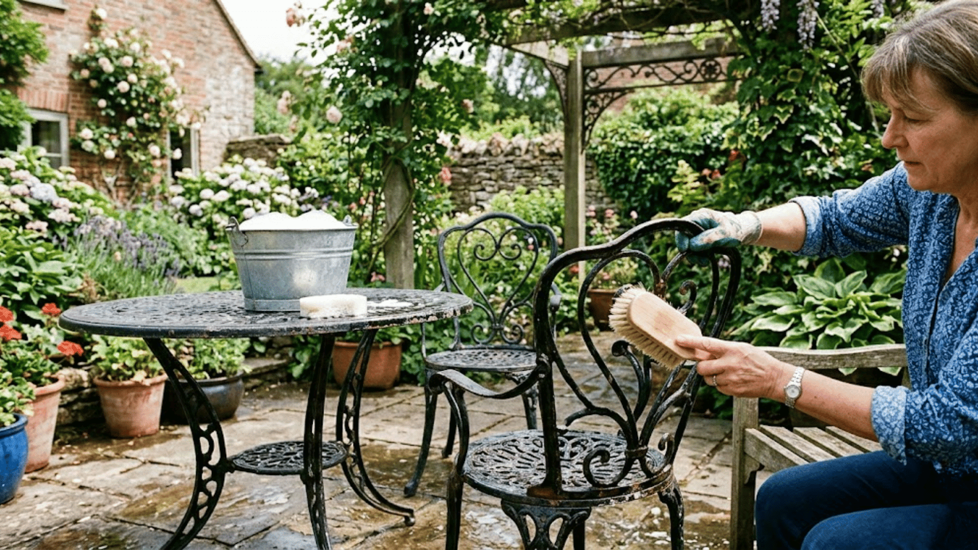 cleaning wrought iron outdoor furniture with soft brush and warm soapy water outdoors