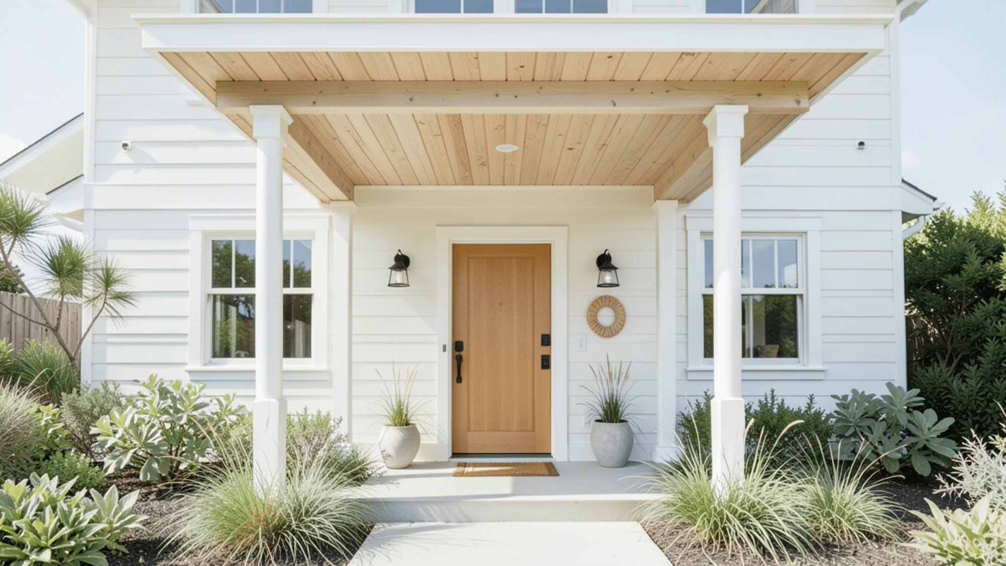 coastal porch with light wood ceiling and white columns fresh front porch overhang ideas with airy beach style
