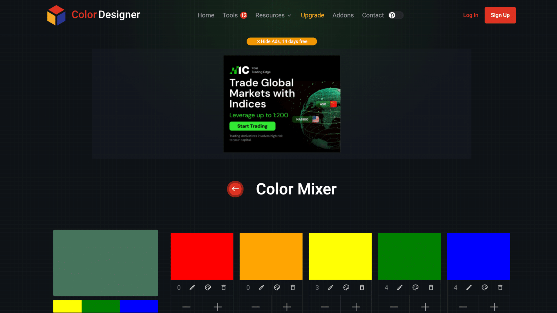 color designer app used for mixing colors showing a dark interface with color panels sliders and mixing tools