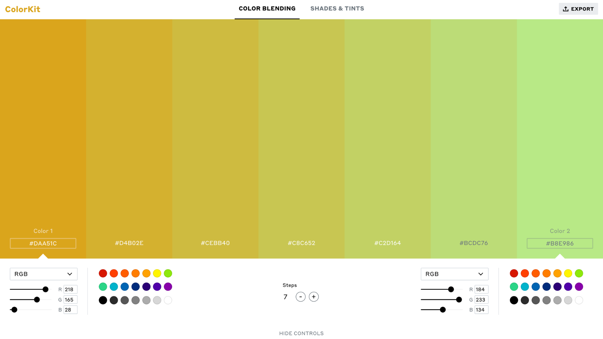 colorkit app used for mixing colors showing a wide gradient palette from yellow to green with controls below