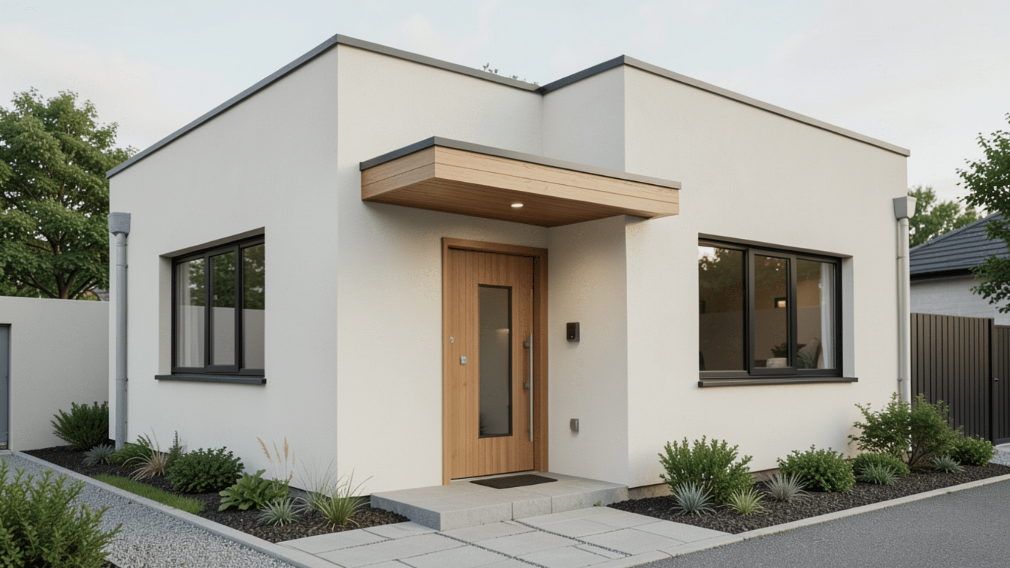 compact modern house with a small covered entry showcasing smart front porch overhang ideas for compact homes