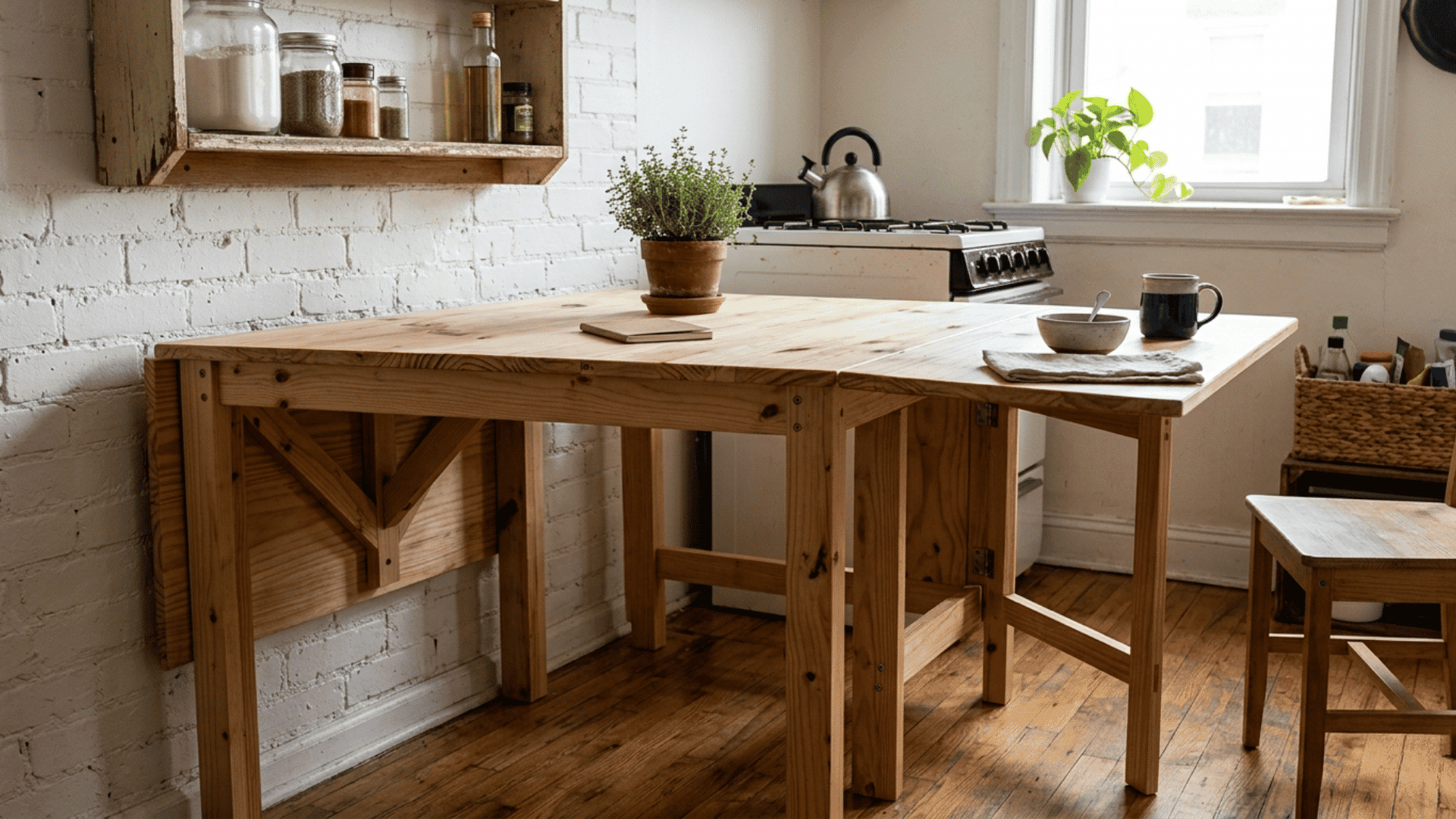compact wooden kitchen table with foldout extension beside white brick wall stove and open storage shelves