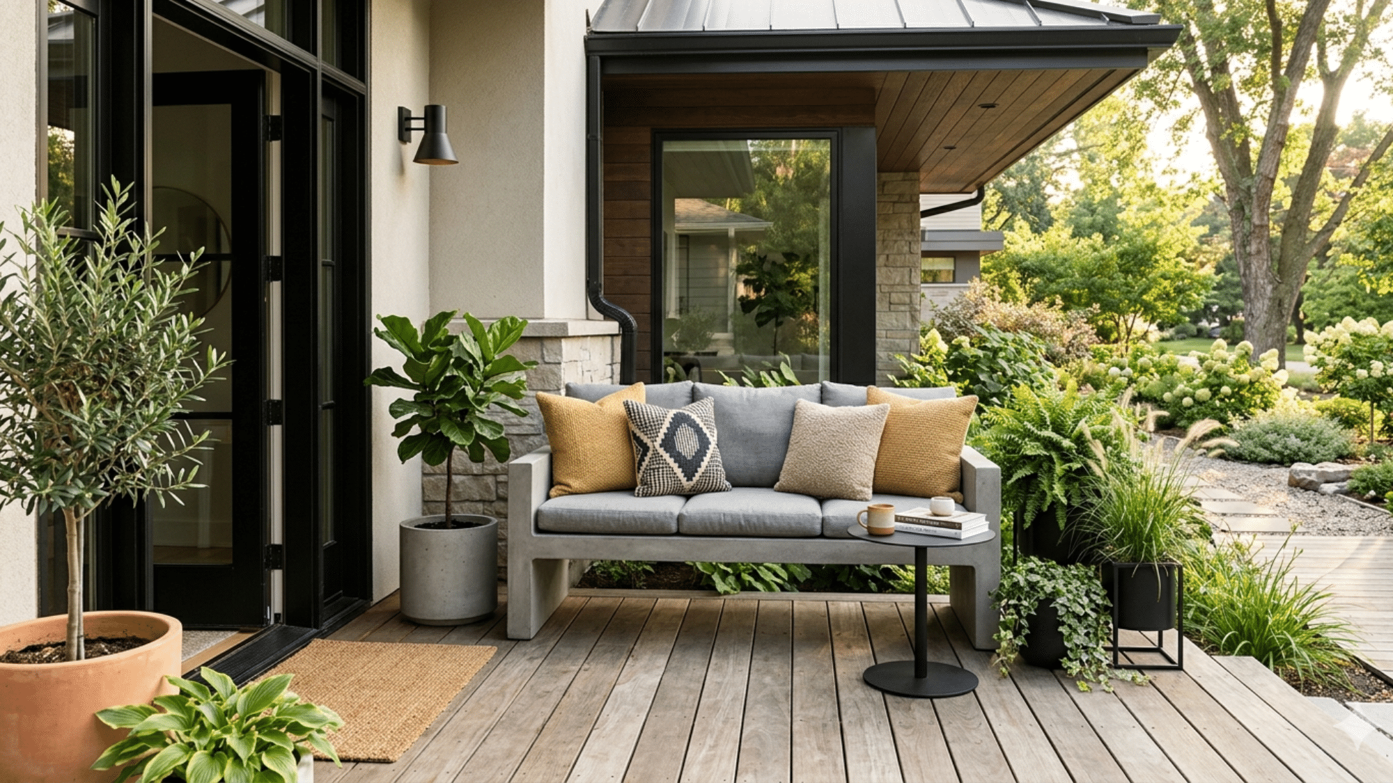 concrete bench with cushions on a modern porch a sleek and durable option for front porch seating ideas