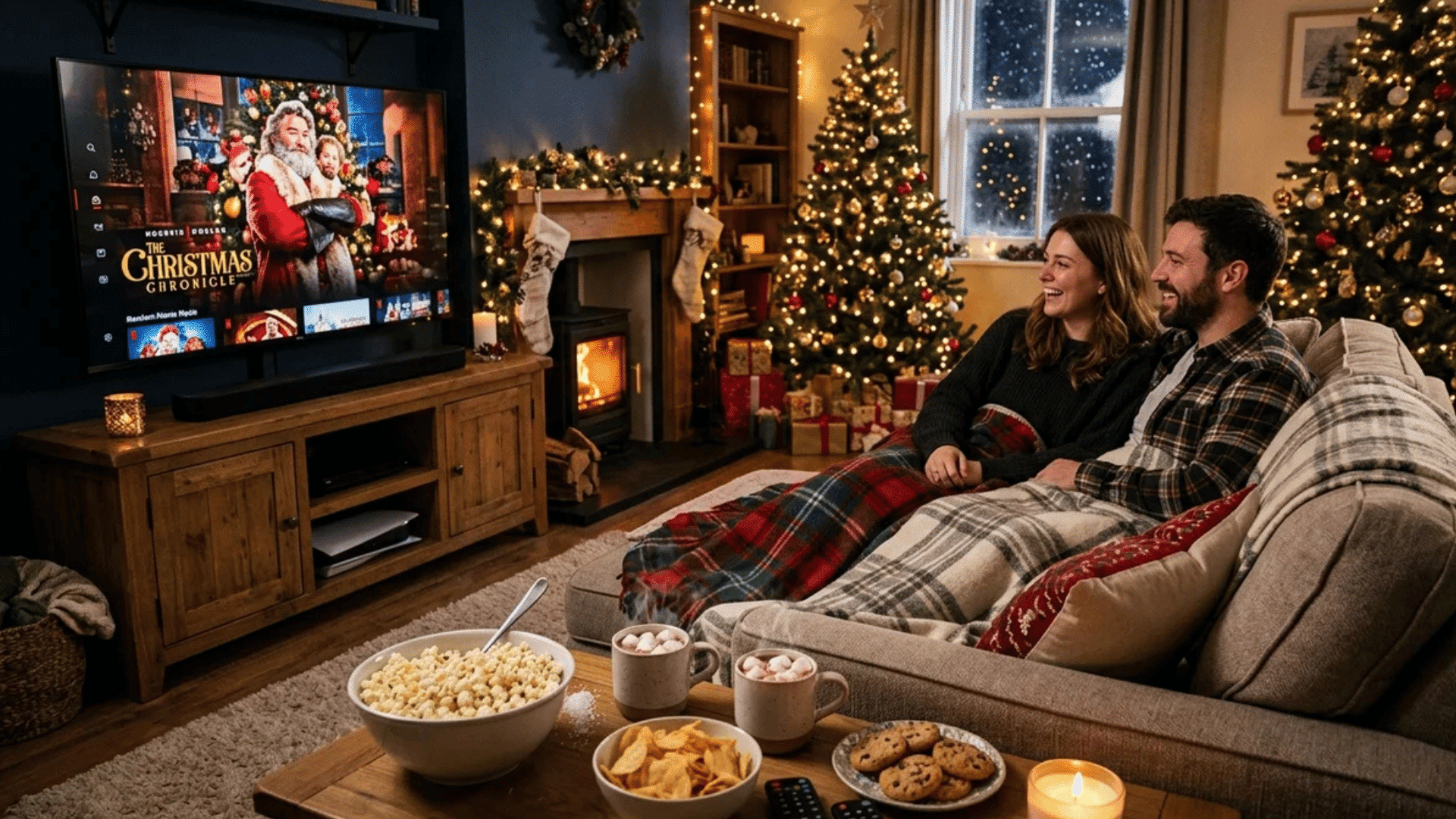 couple sitting on couch watching christmas movie with decorated tree lights snacks and fireplace creating warm festive atmosphere