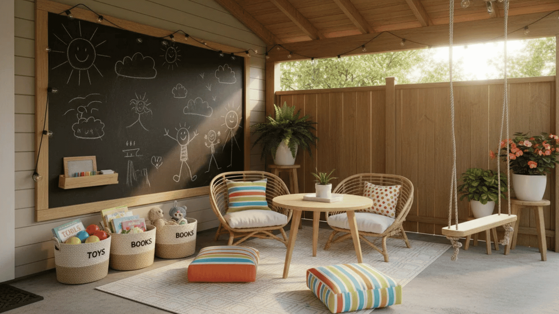 covered patio play area with chalkboard swing chairs and colorful cushions beside potted plants