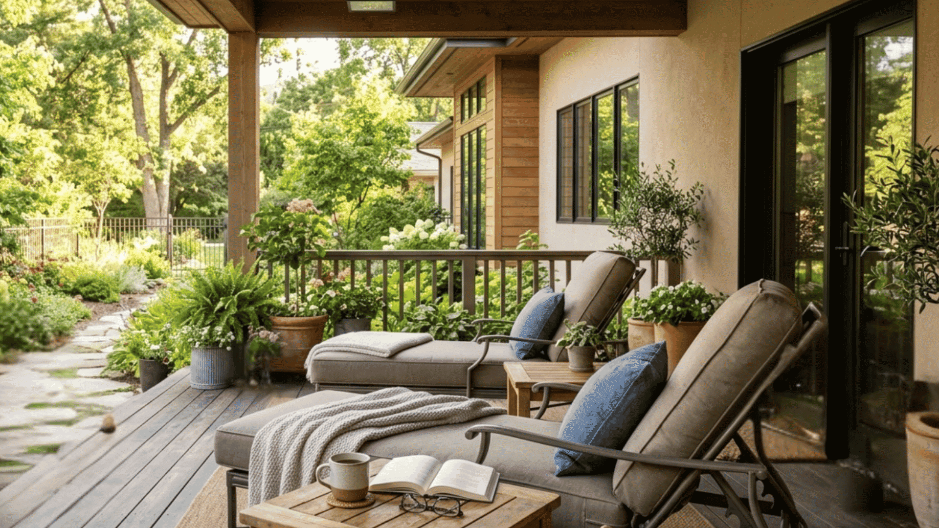 covered patio with cushioned lounge chairs wooden table and lush garden surrounding peaceful outdoor space