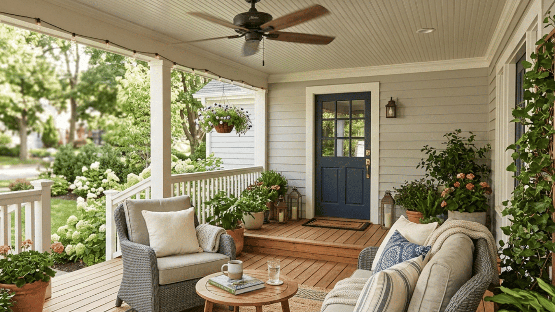 covered porch with cushioned seating blue front door and potted plants in daylight