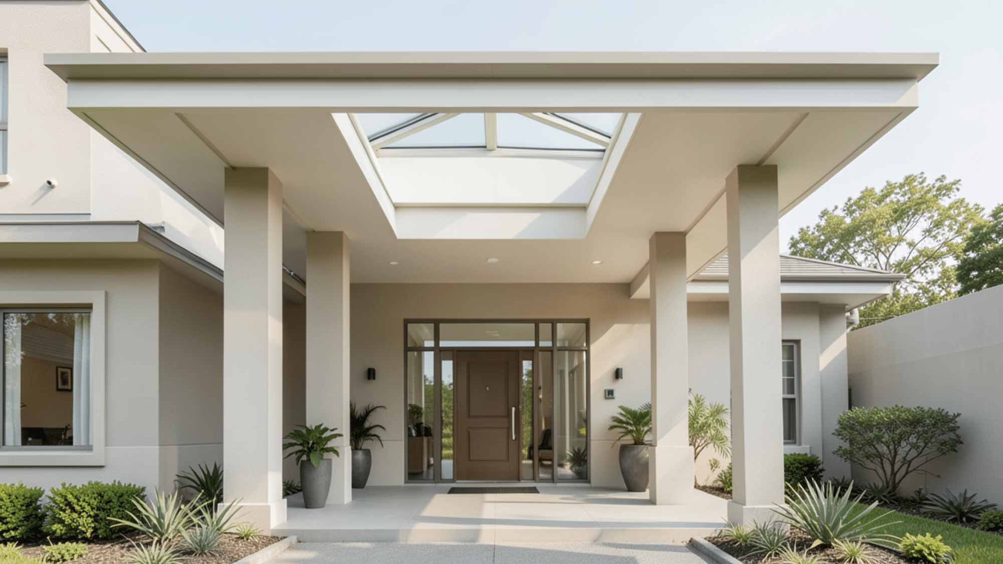 covered porch with skylights showcasing front porch overhang ideas bright natural light clean lines and a modern welcoming entry