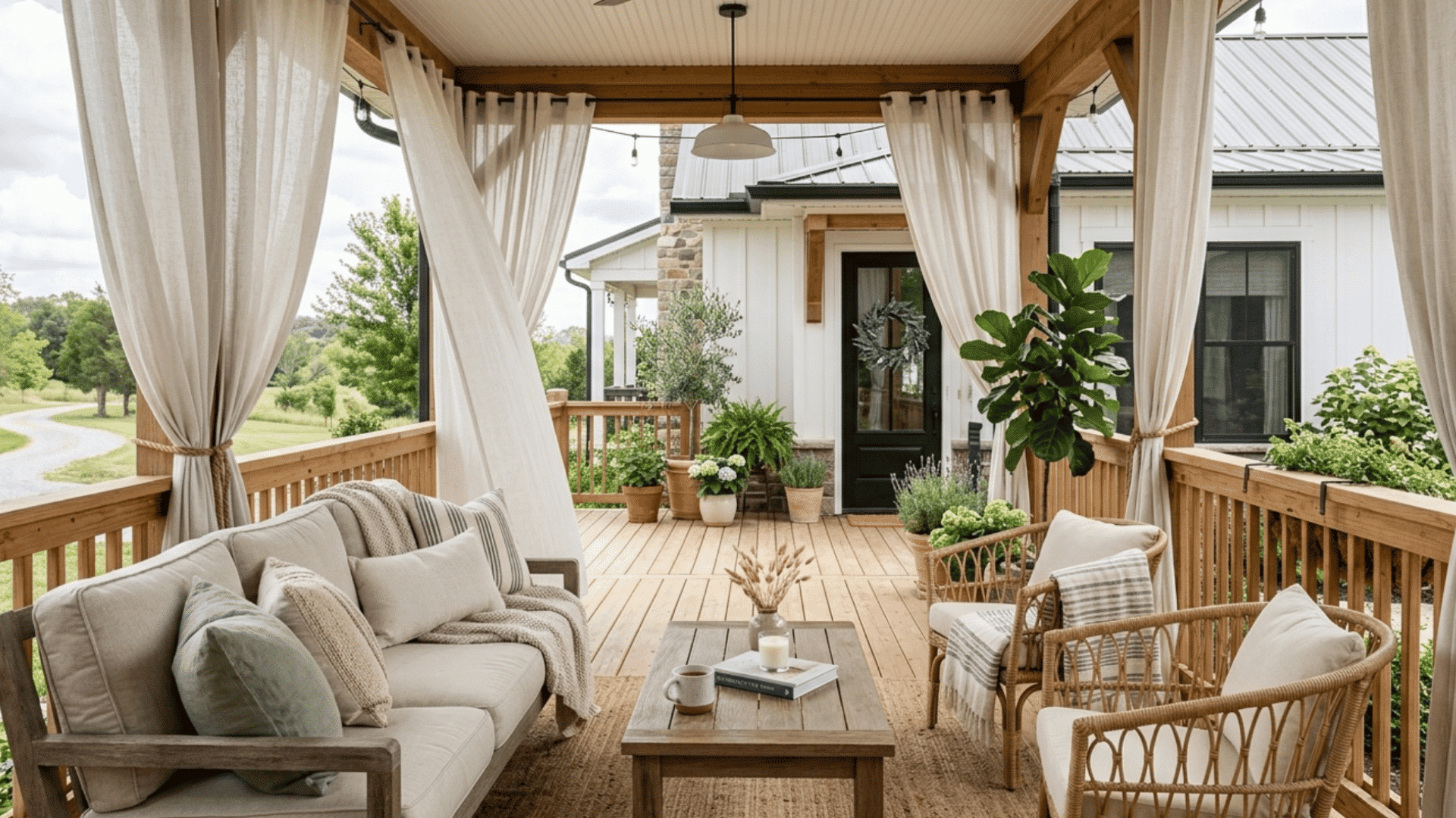 covered porch with soft curtains wooden furniture and cozy seating beside garden view
