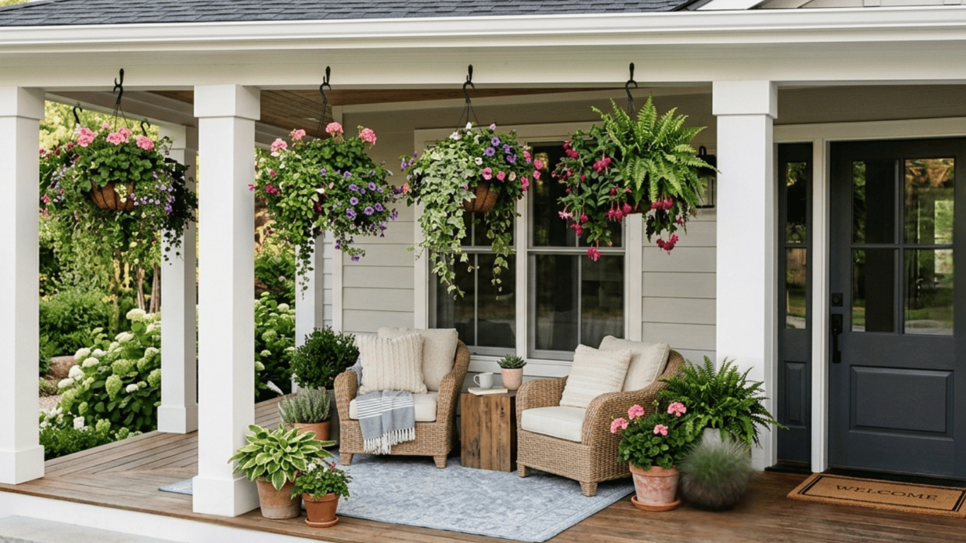 covered porch with wicker chairs hanging flower baskets and potted plants by entry door
