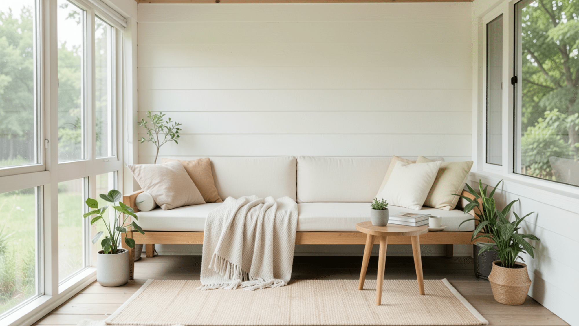 cozy daybed setup with plants and neutral decor perfect for enclosed porch ideas on a budget