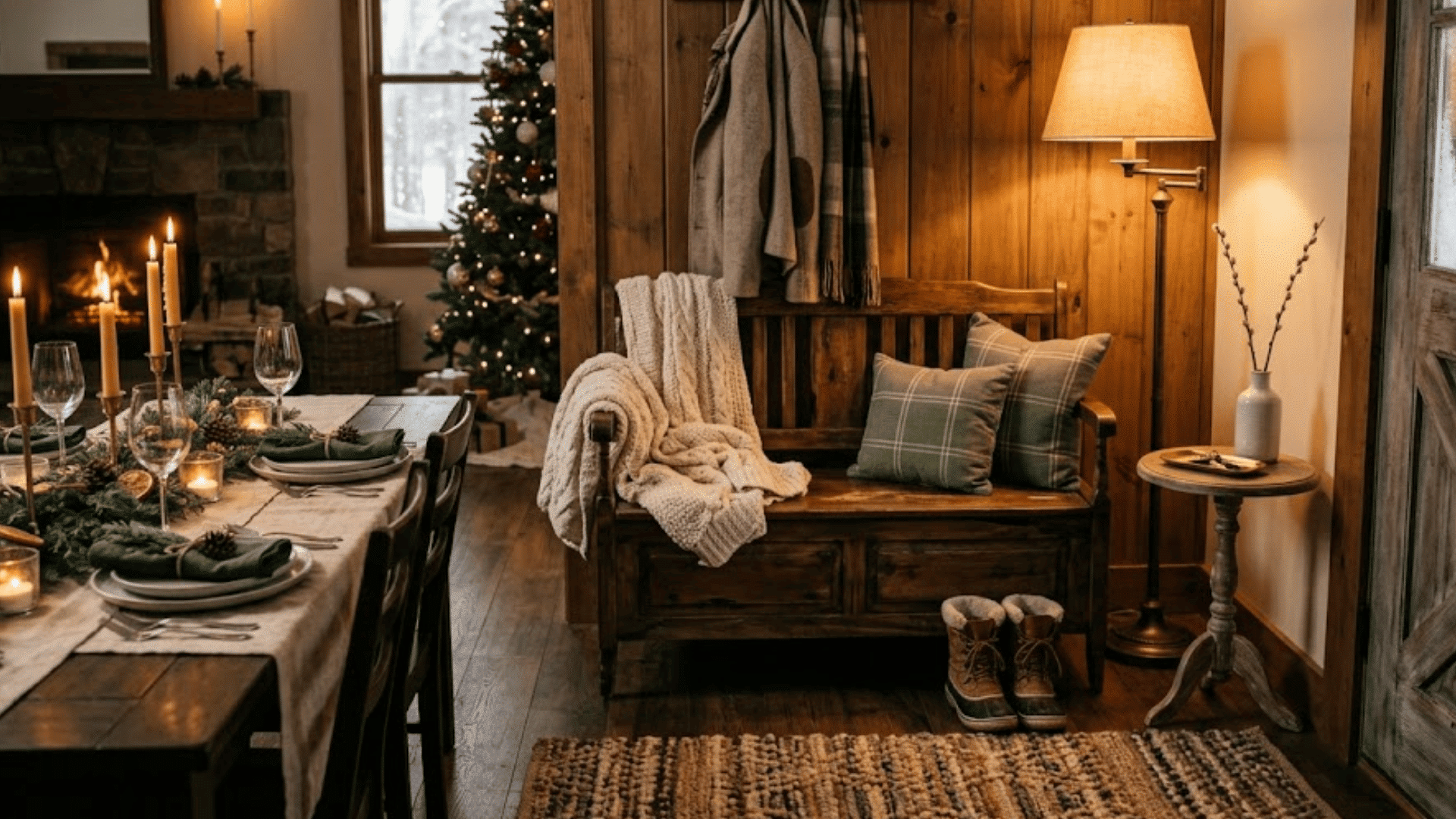 cozy entryway with wooden bench cushions blanket and boots near dining table and fireplace creating a warm rustic home setting