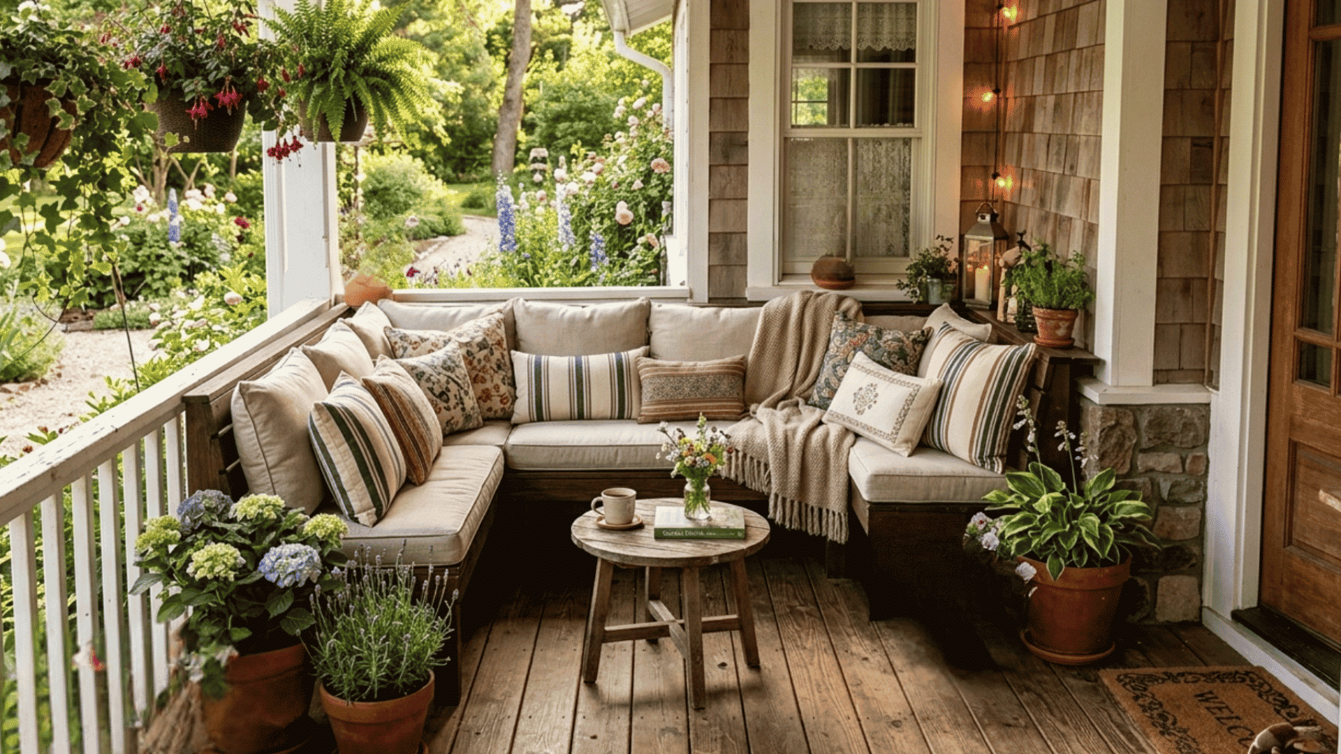 cozy farmhouse porch with sectional sofa hanging plants and blooming flowers beside rustic wooden door