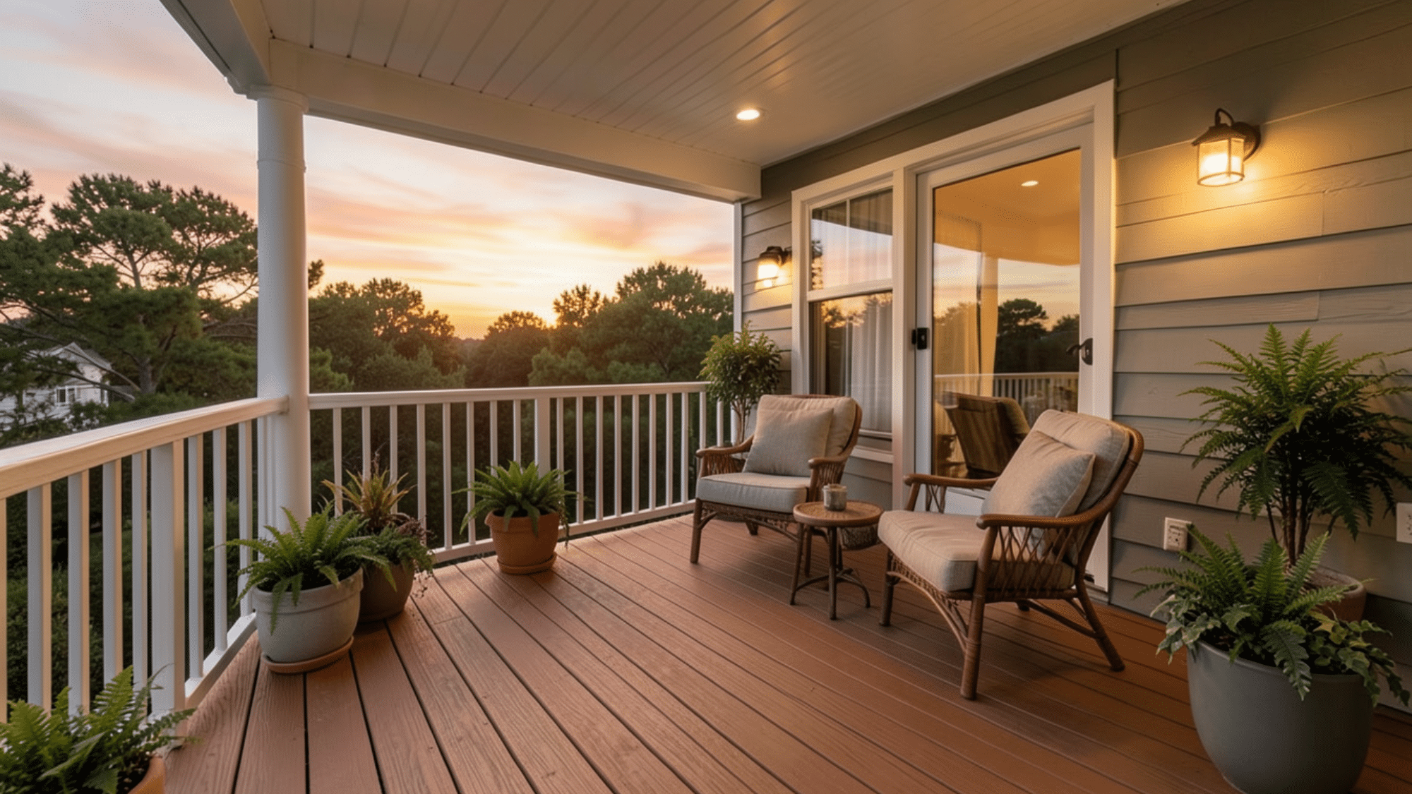 cozy front porch ideas with cushioned chairs wood decking potted plants and warm sunset lighting view