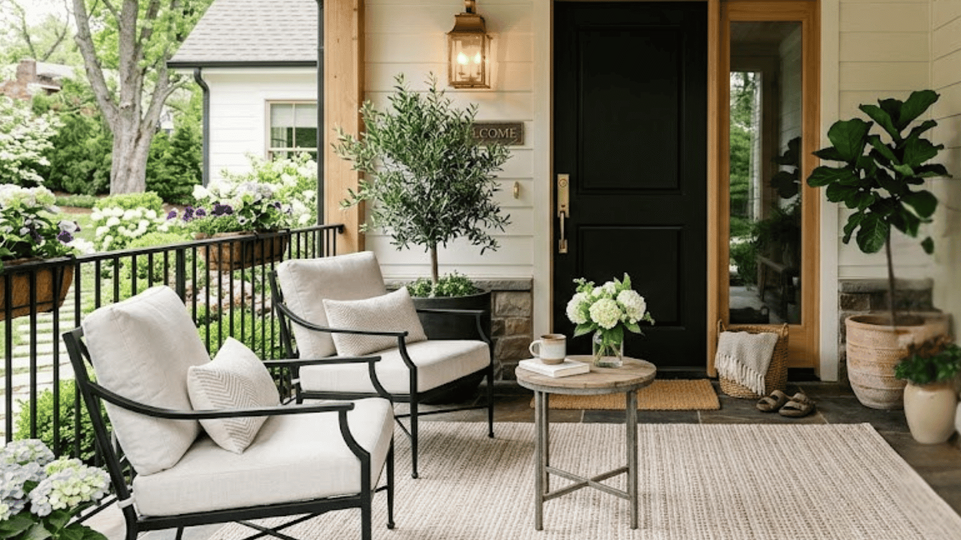 cozy front porch with cushioned chairs potted plants and black entry door decor