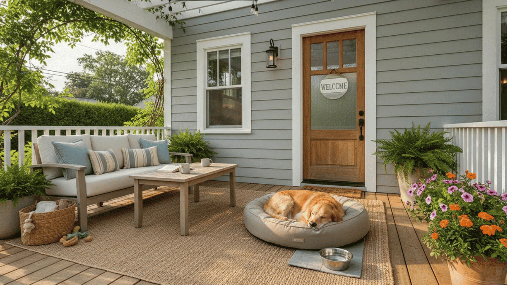cozy front porch with outdoor seating sleeping dog and colorful flowers beside wooden welcome door