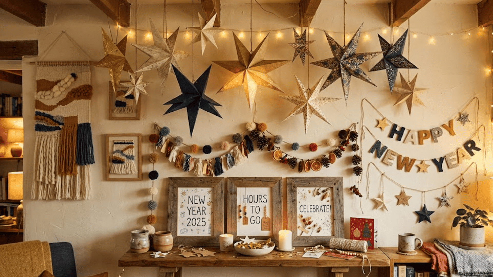 cozy living room wall decorated with hanging star ornaments garlands and happy new year banner above wooden table with candles
