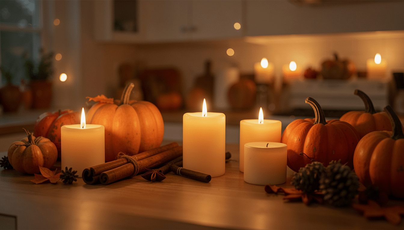 cozy living room with candles warm lamp lighting soft glow on sofa and fall decor creating a calm relaxing mood