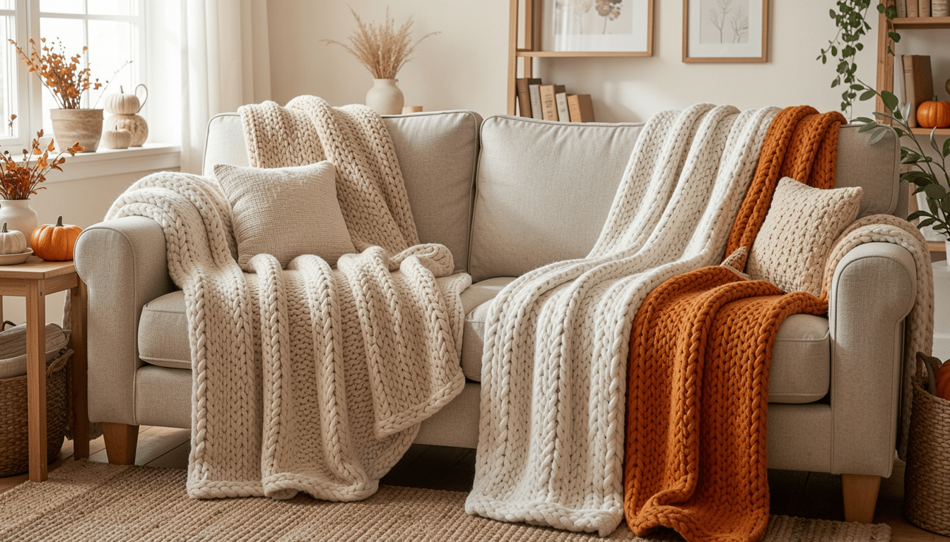 cozy living room with chunky knit blanket on sofa warm pillows candle and soft fall lighting creating a calm feel