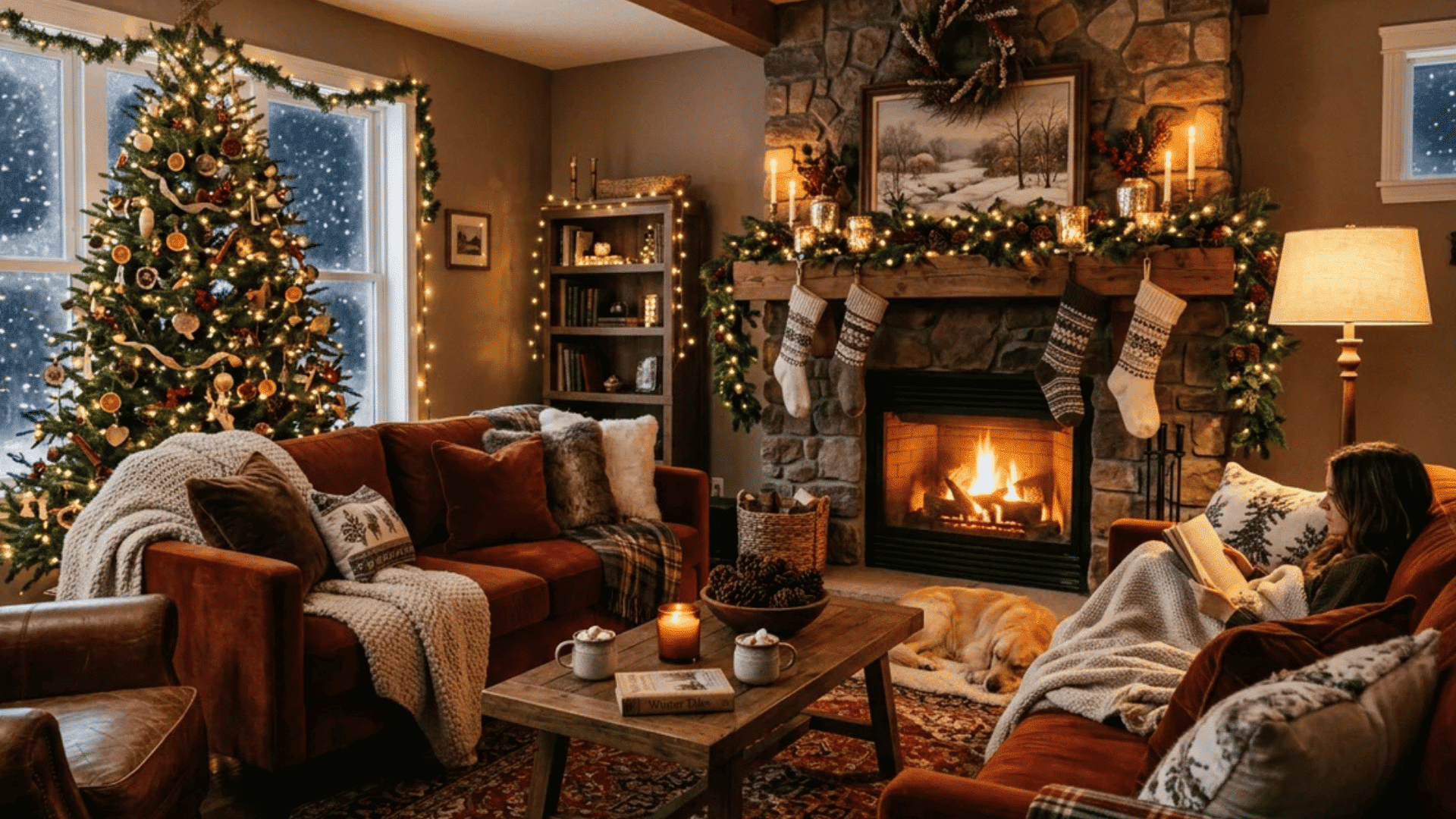 cozy living room with decorated christmas tree and fireplace as person reads on couch with dog resting nearby in warm holiday setting