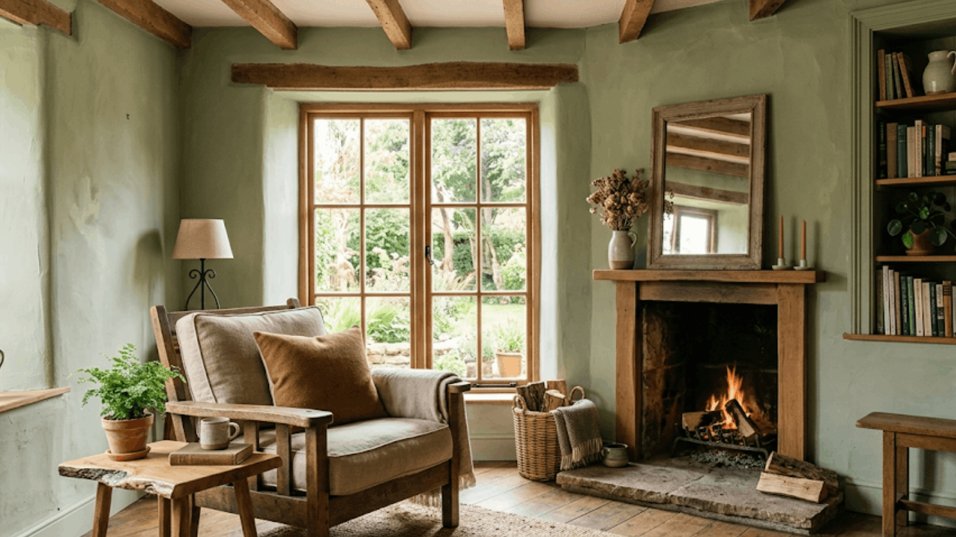 cozy living room with green painted walls wooden beams fireplace and natural decor showing soft matte milk (1)