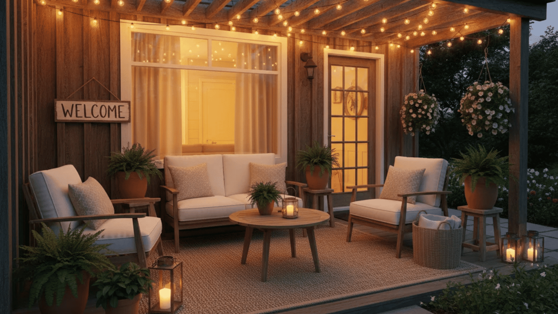 cozy outdoor patio with cushioned seating warm string lights and welcome sign at dusk