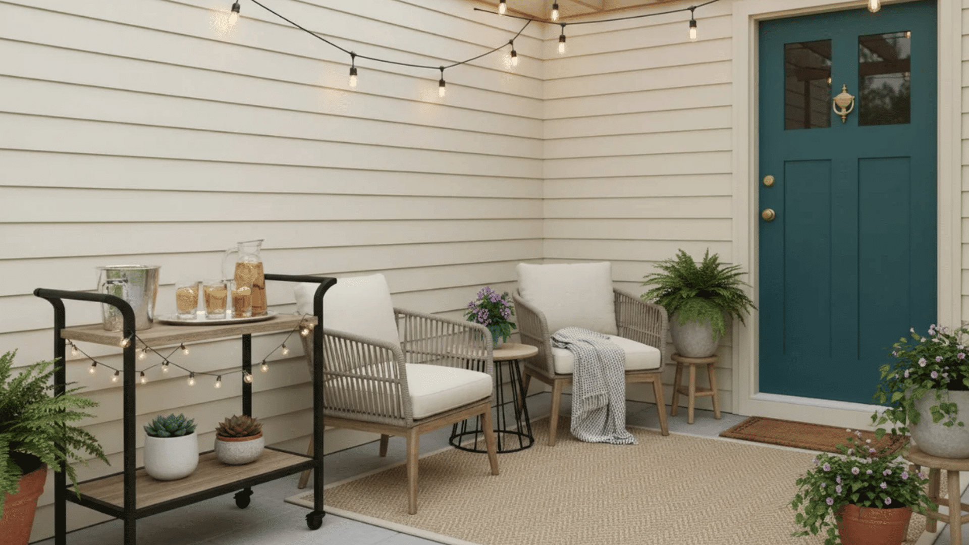cozy patio with cushioned chairs string lights and blue door beside potted flowering plants