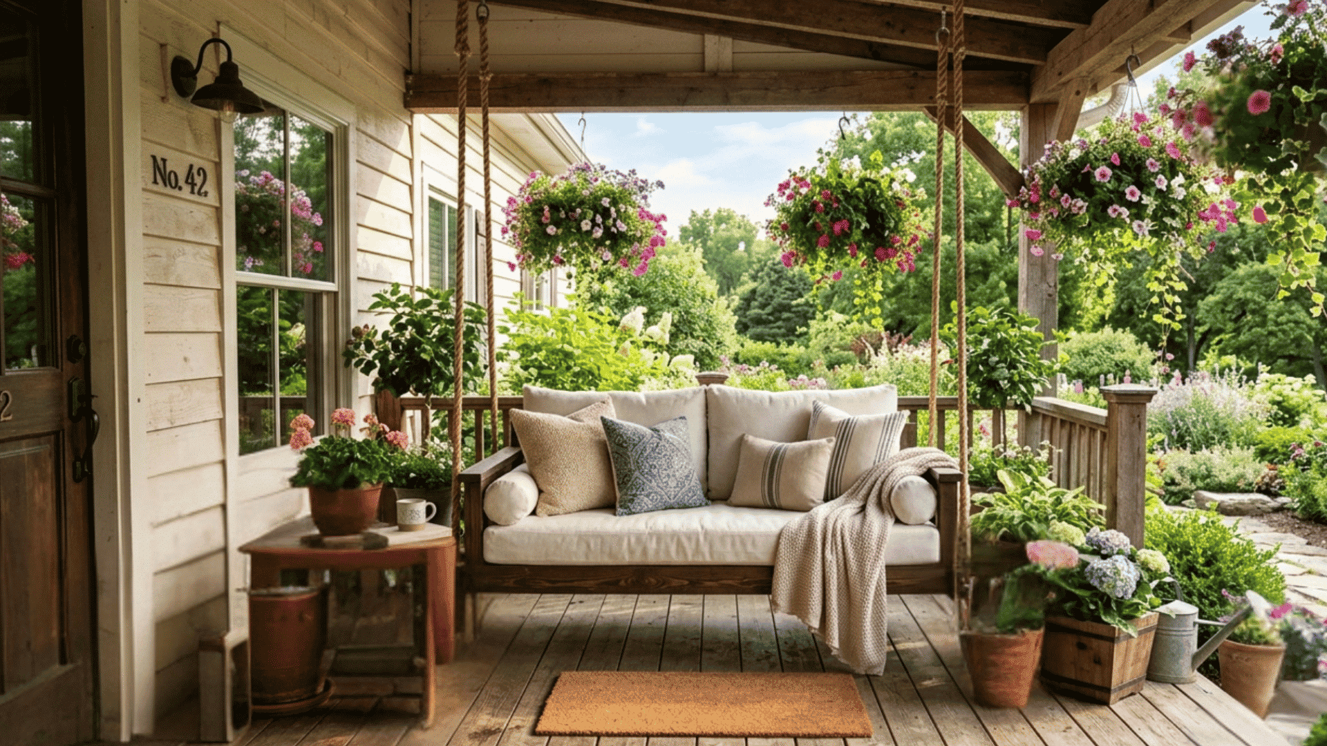 cozy porch swing bench with cushions and flowers creating a relaxing space for front porch seating ideas