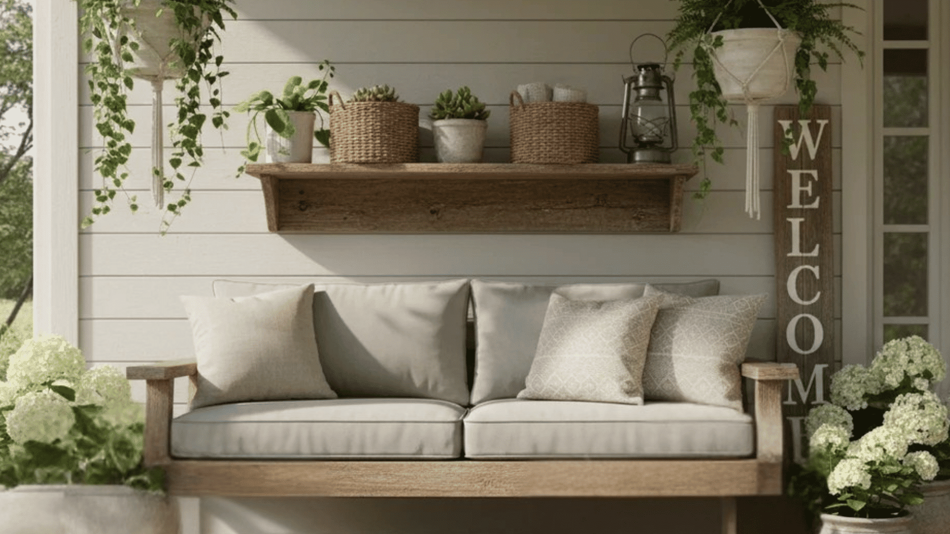 cozy porch with cushioned bench woven baskets hanging plants and welcome sign beside blue front door