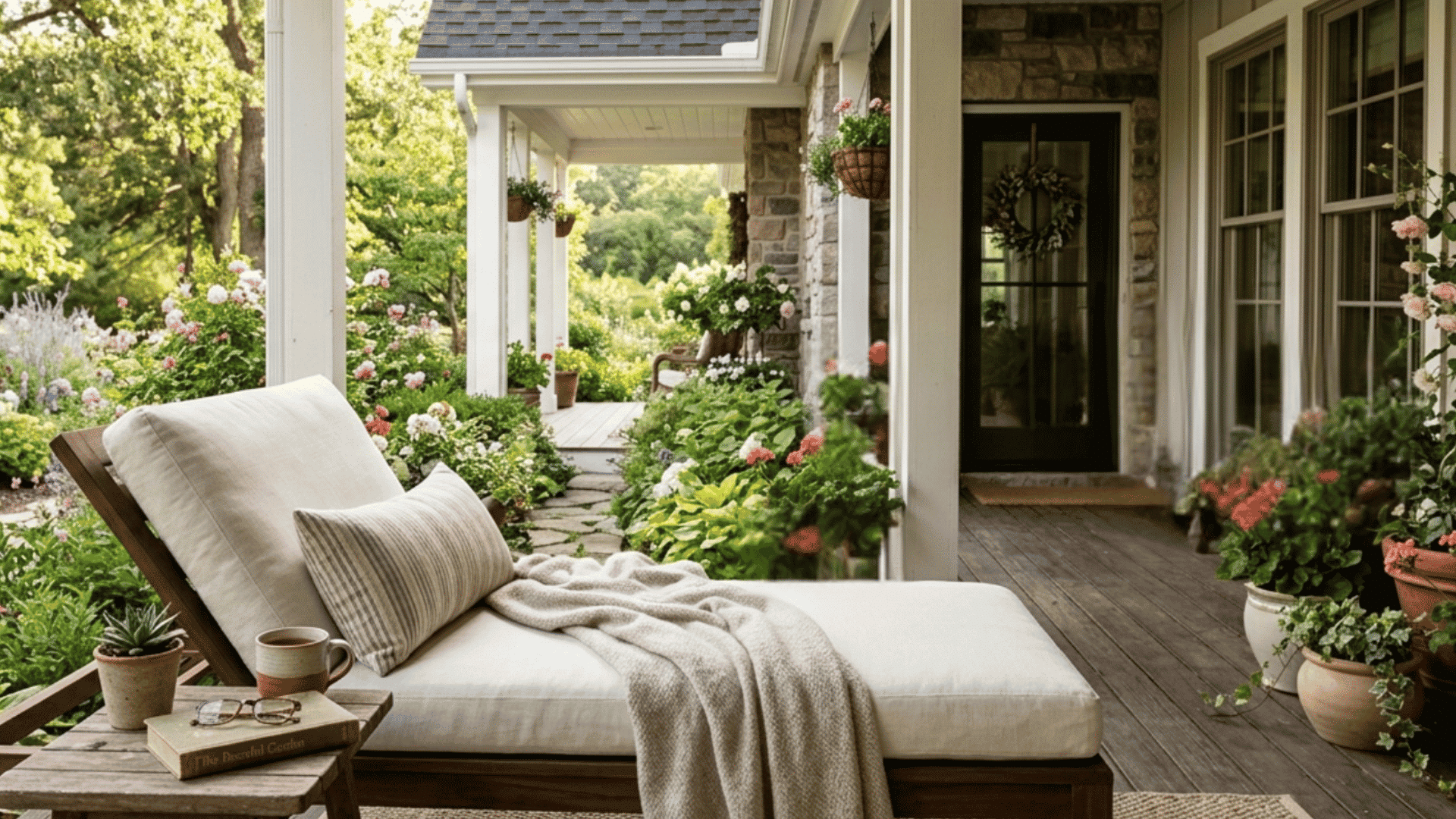 cozy porch with cushioned lounge chair blooming flowers and peaceful garden beside stone entryway