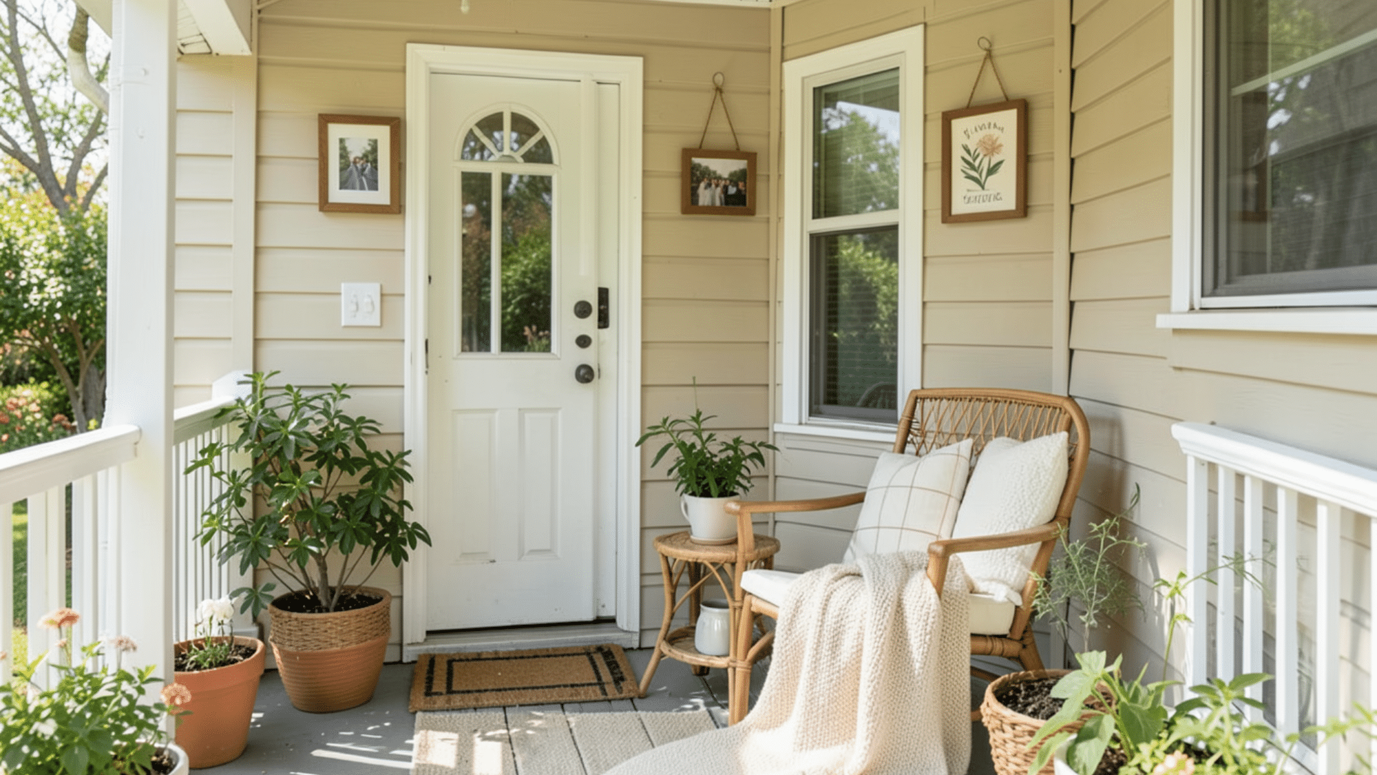 cozy porch with family photos plants and a chair with cushions warm and personal front porch ideas for a welcoming entry