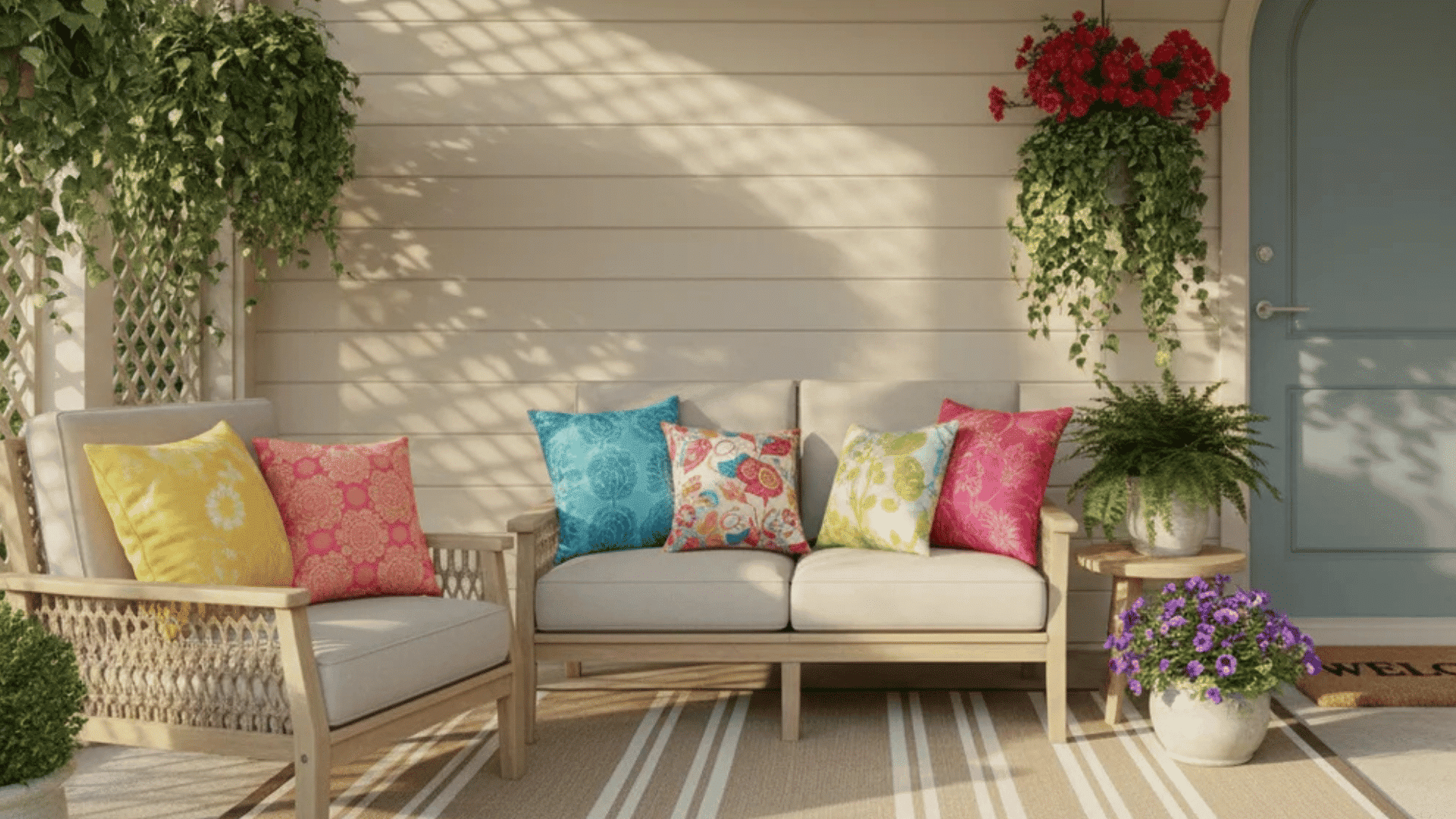 cozy porch with sunlit porch with colorful cushions hanging flowers and blue door beside cozy outdoor seating bench woven baskets hanging plants and welcome sign beside blue front door