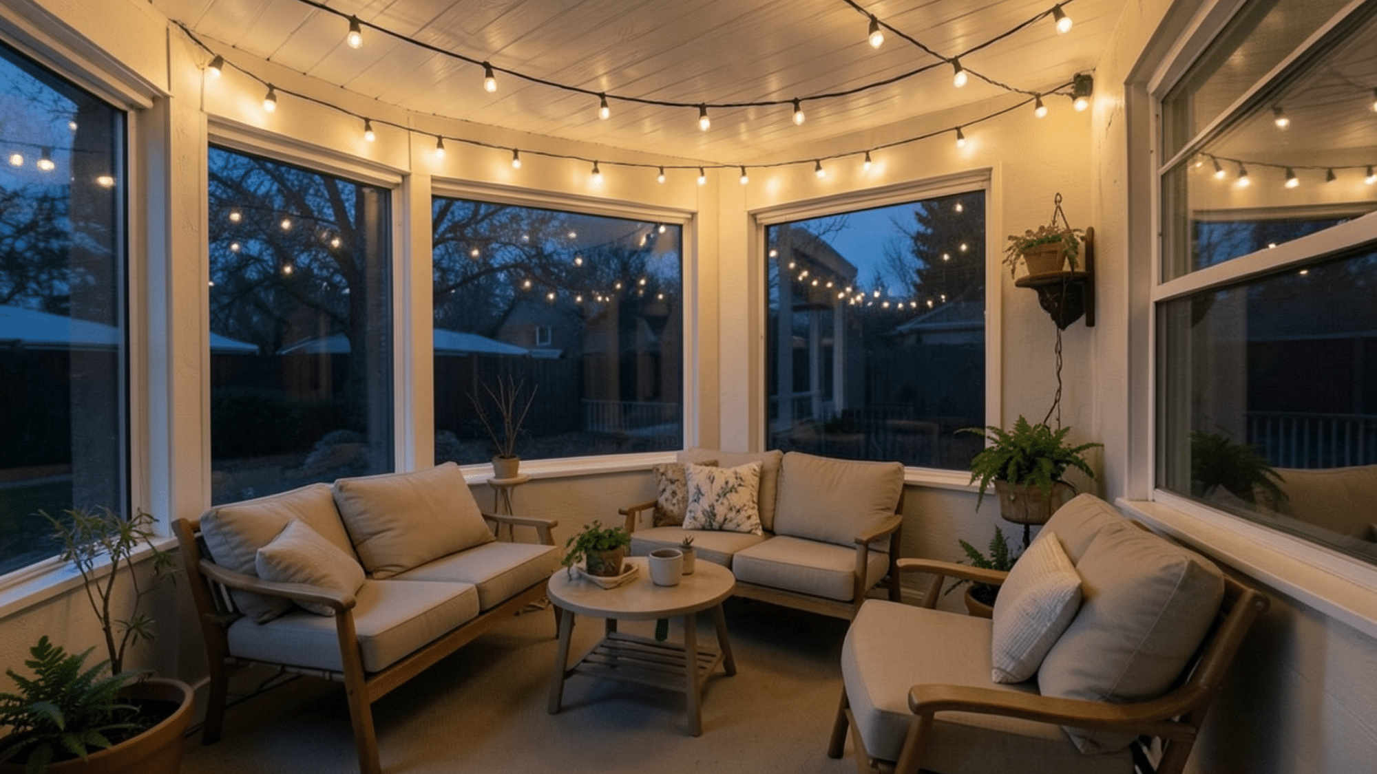 cozy porch with warm string lights and seating showing enclosed porch ideas on a budget for evening comfort
