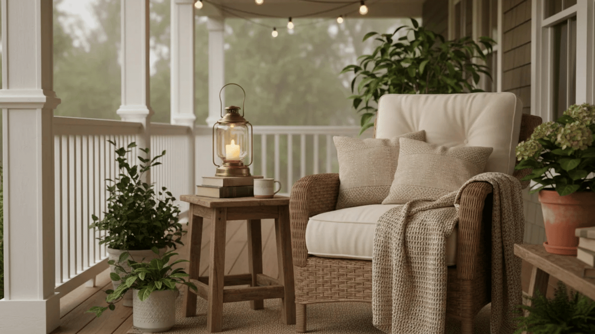 cozy porch with wicker chair soft blanket lantern and potted plants under warm string lights