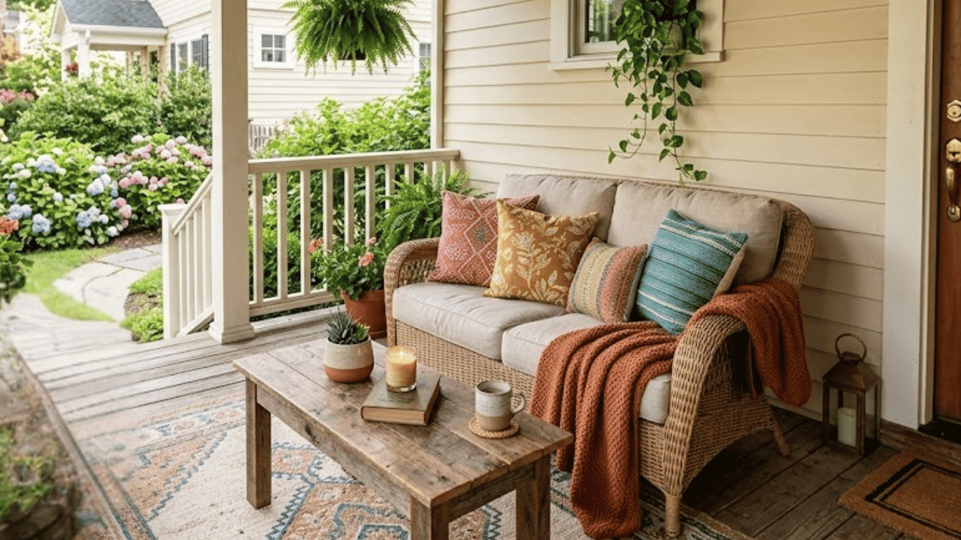 cozy porch with wicker sofa colorful cushions wooden table and garden flowers nearby