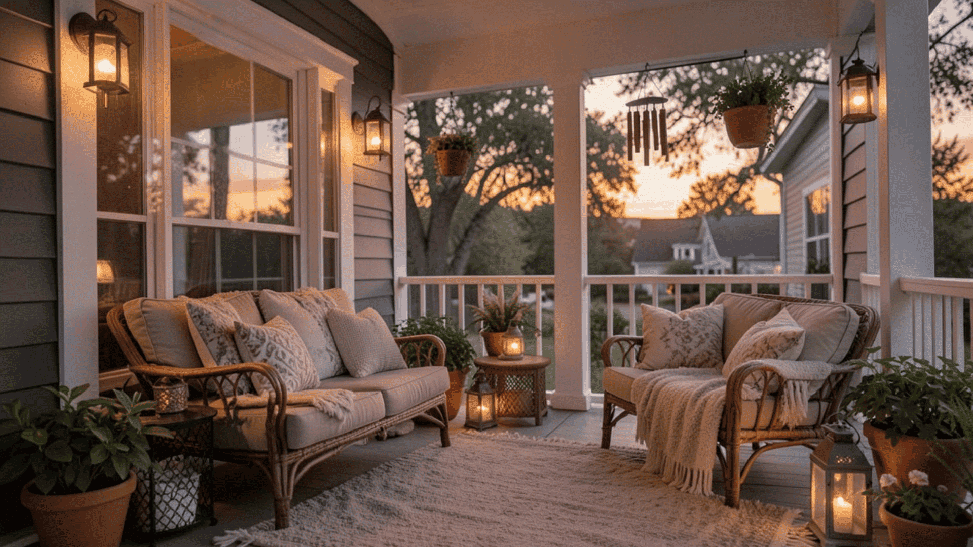 cozy porch with wind chimes warm lighting and soft seating at sunset relaxing front porch ideas for a peaceful vibe