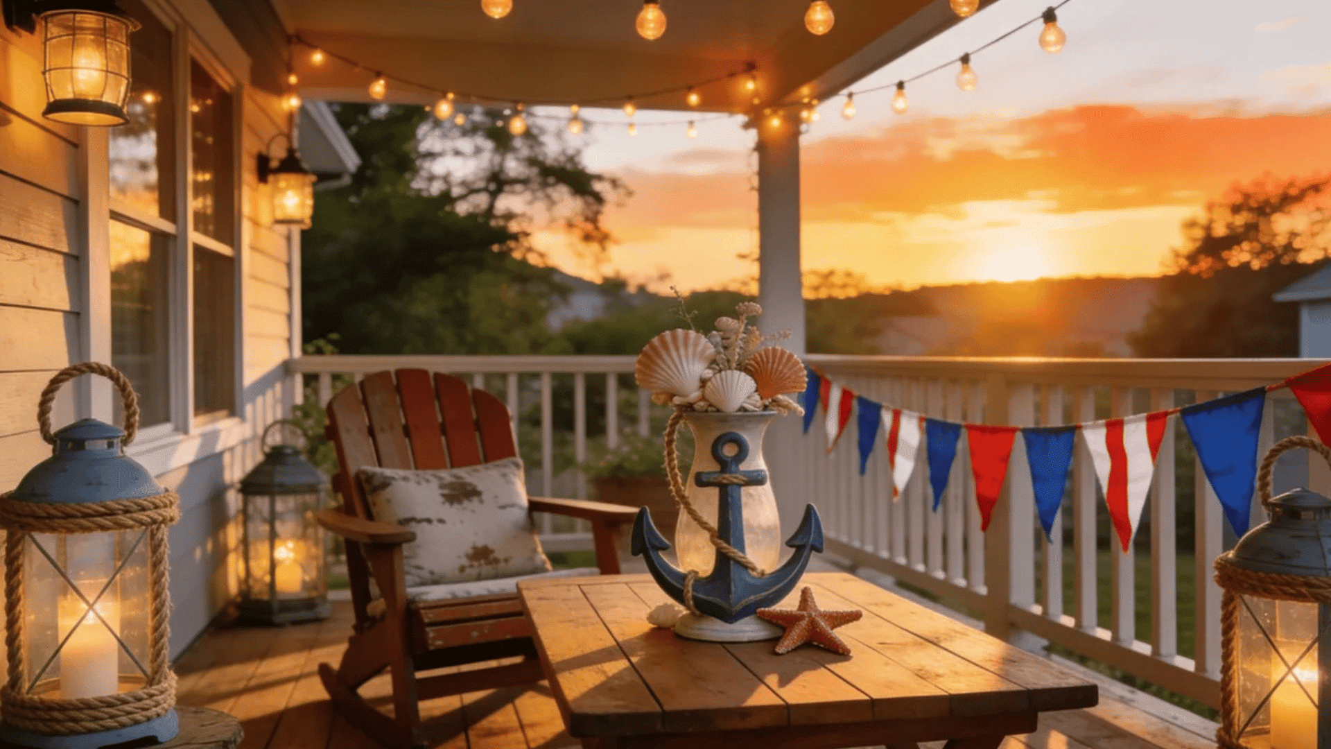 cozy porch with wooden chair table lanterns string lights and sunset view with patriotic bunting