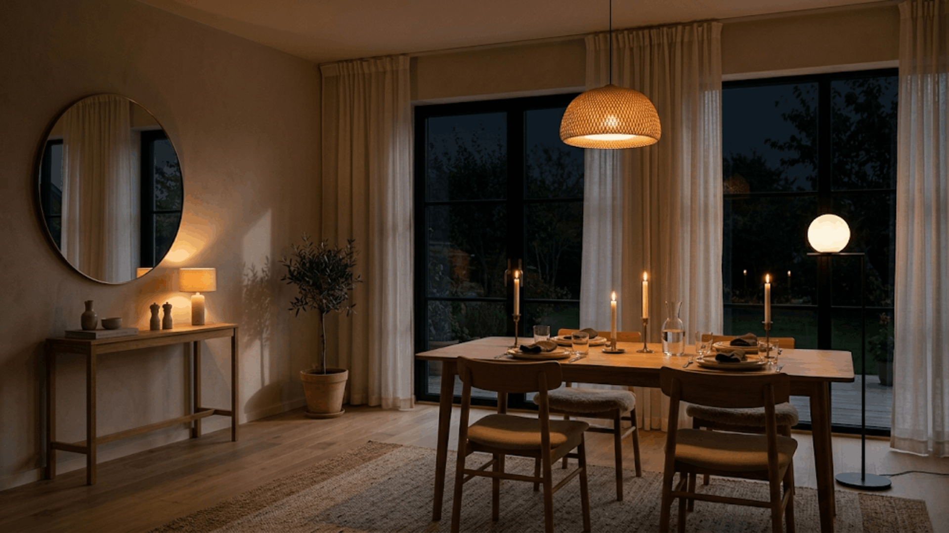 cozy scandinavian minimalism dining room with warm lighting wooden furniture