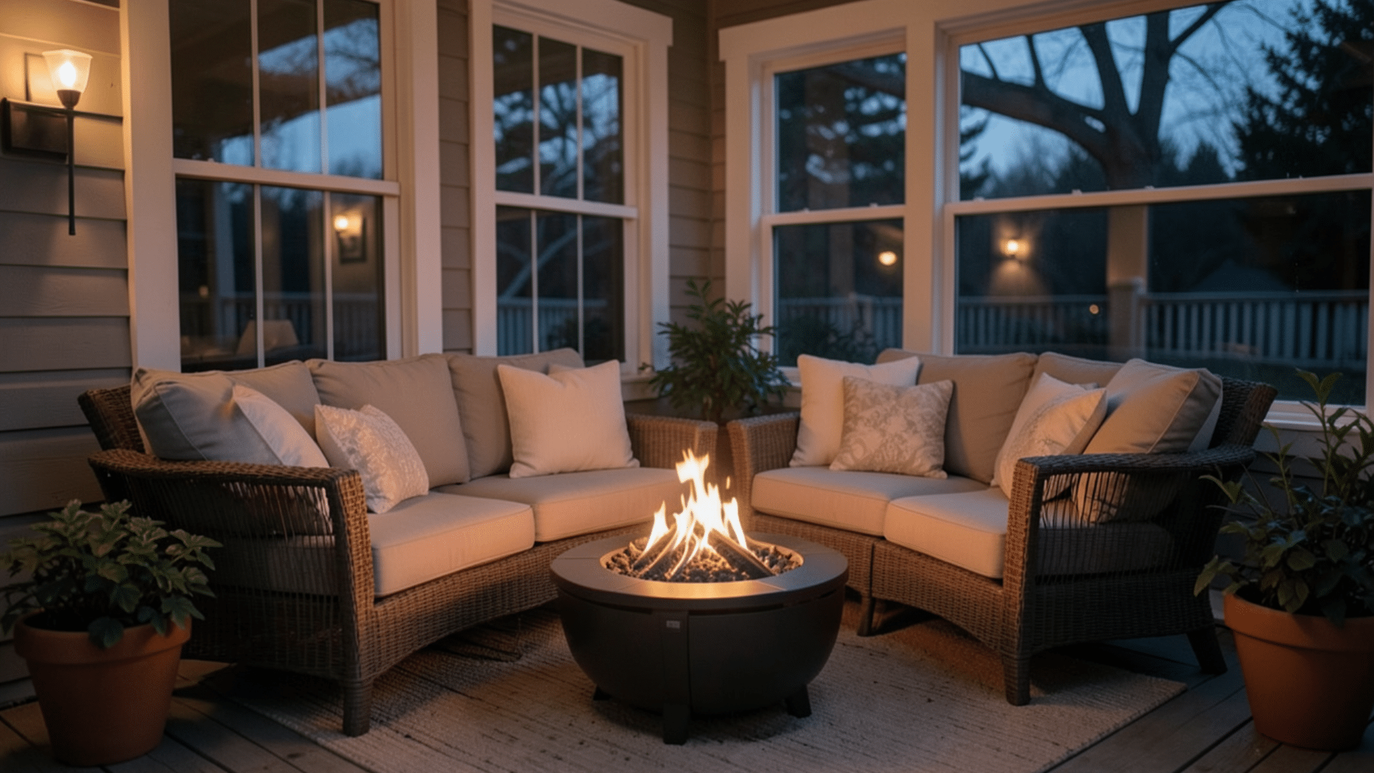 cozy seating around a compact fire pit with warm lighting inviting front porch ideas for relaxing evenings