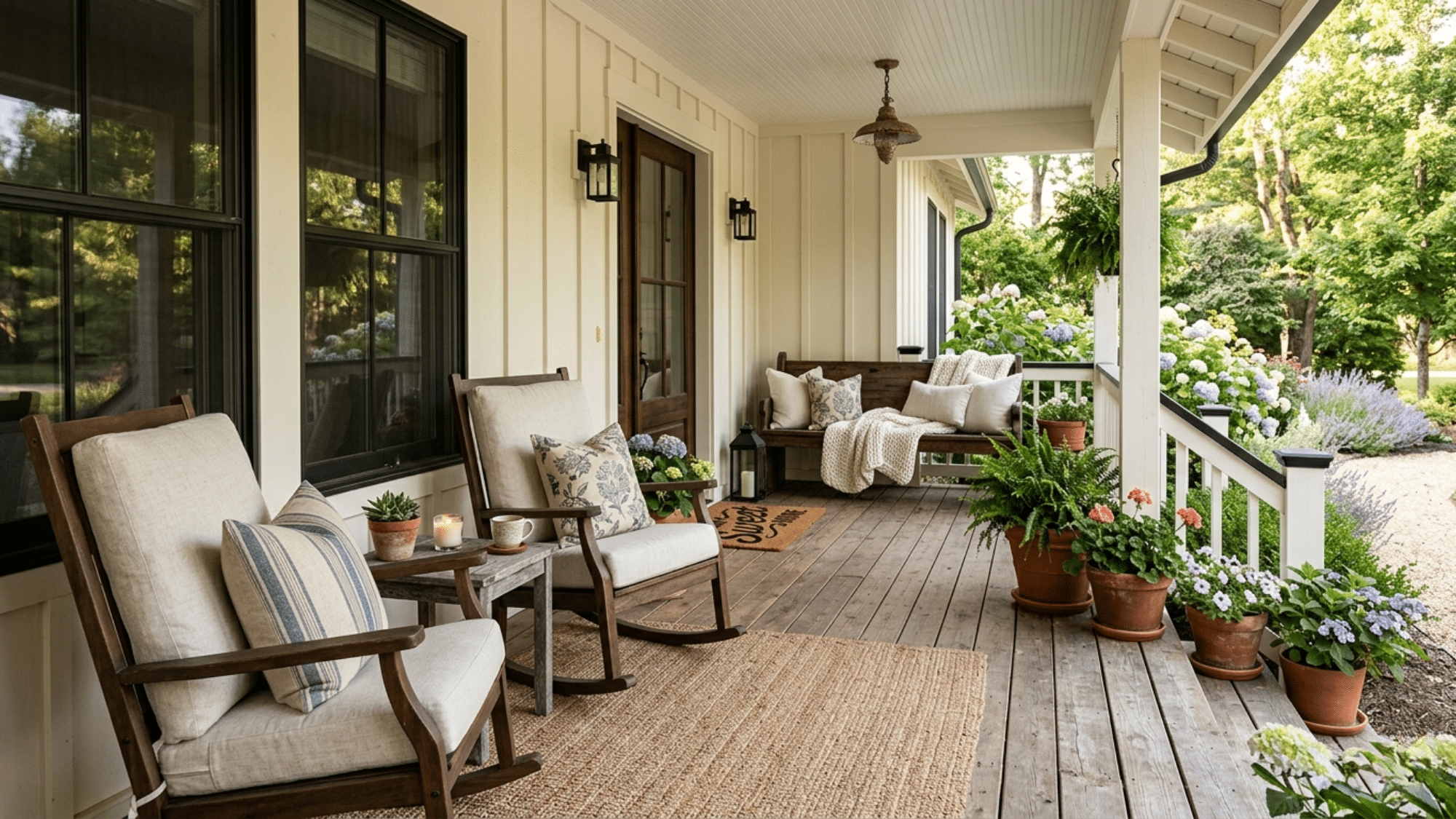 cozy seating setup with plants and decor showcasing stylish front porch ideas for a warm inviting entryway