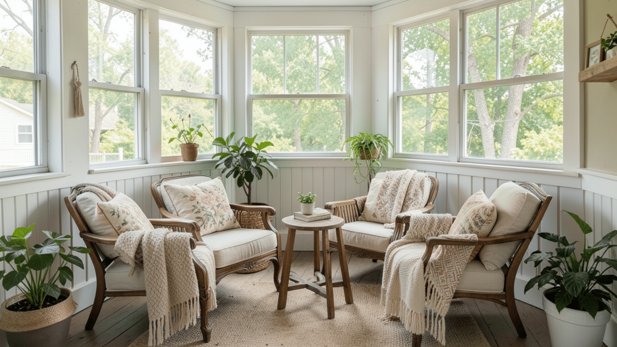 cozy seating setup with thrifted chairs and plants showing enclosed porch ideas on a budget with natural light