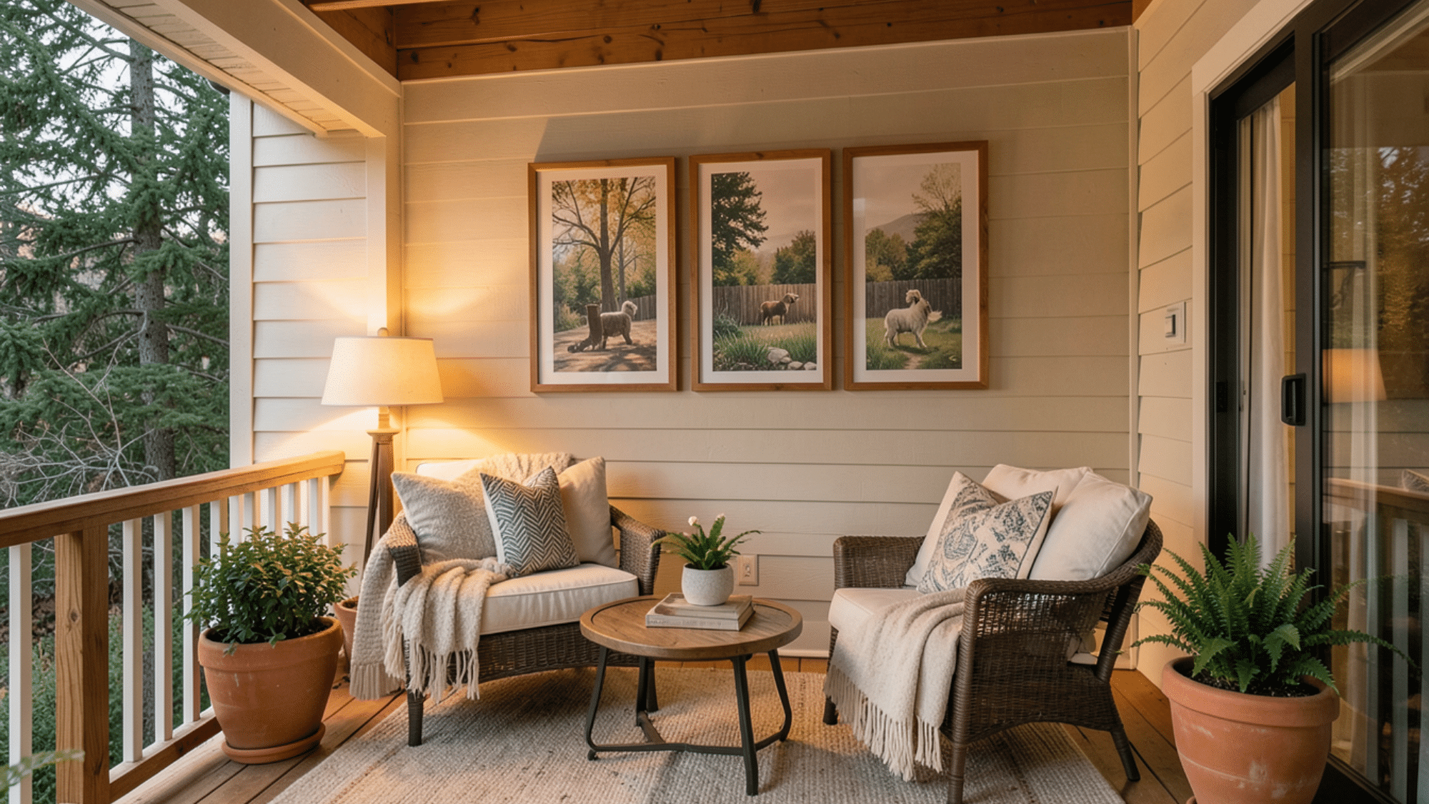 cozy seating with framed outdoor artwork warm lighting and plants perfect front porch ideas for a stylish space