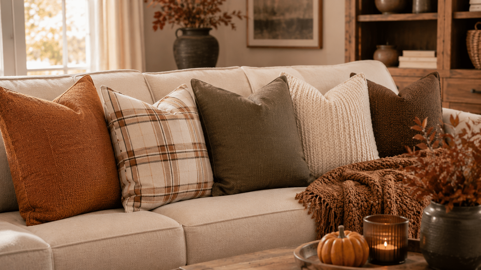 cozy sofa with warm fall pillow covers soft textures and neutral tones creating a comfortable seasonal living room feel