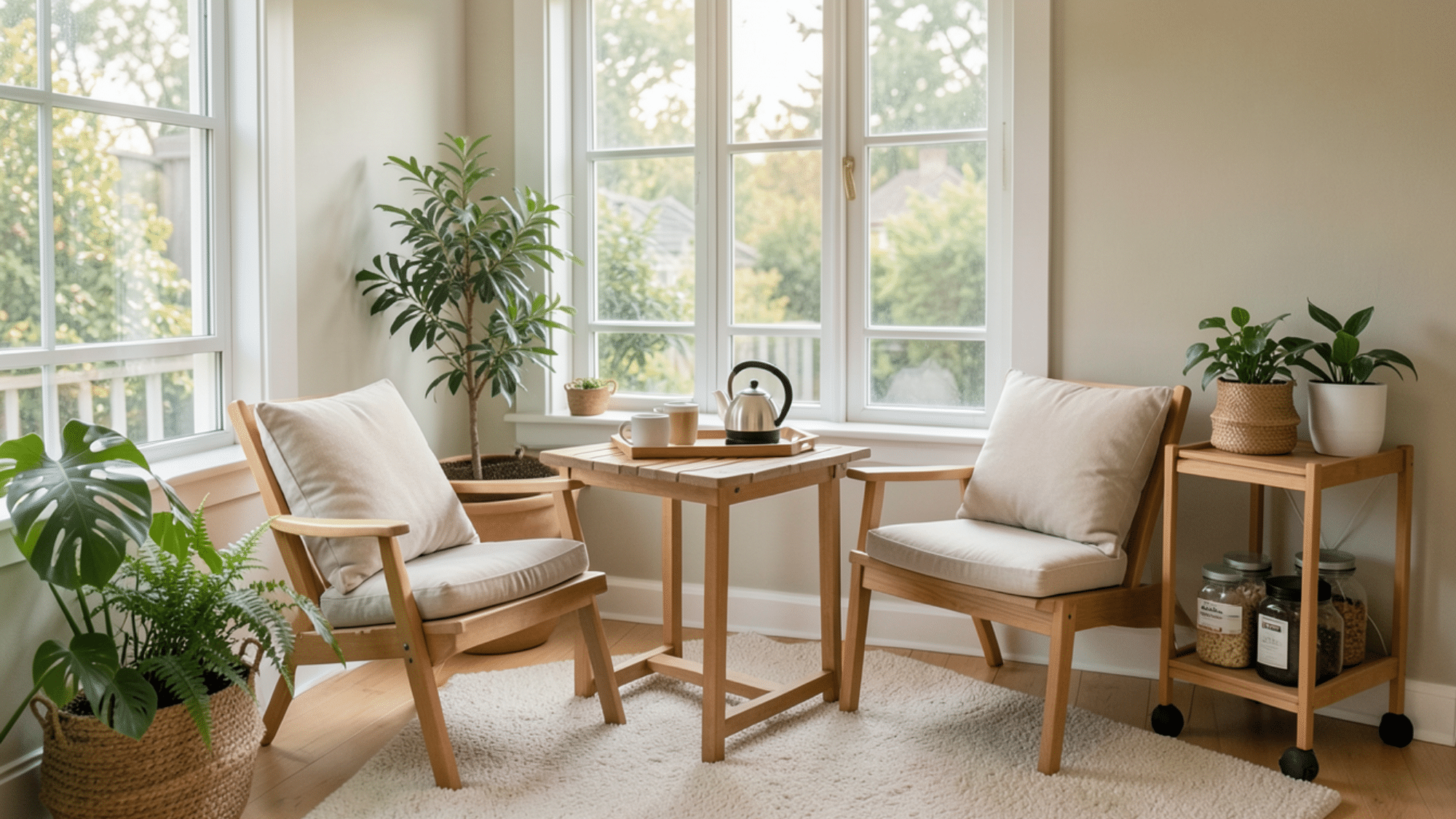 cozy tea corner setup showcasing enclosed porch ideas on a budget with chairs table and plants