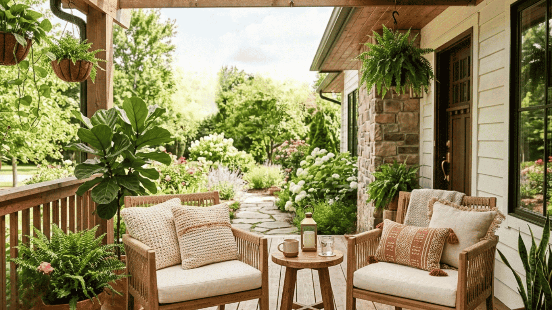 cozy wooden porch with cushioned chairs hanging plants and garden path beside modern farmhouse exterior