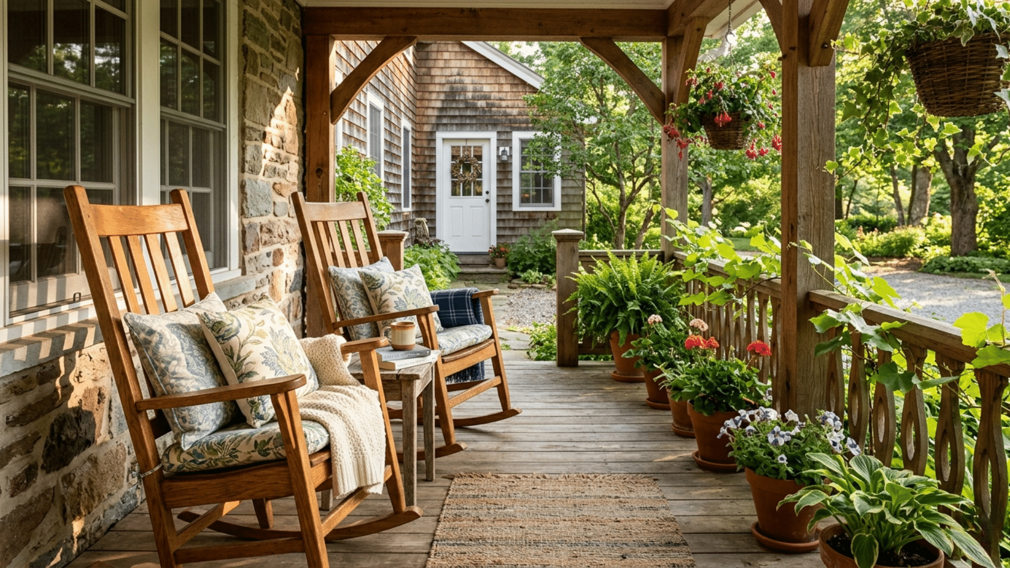 cozy wooden rocking chairs with cushions and plants inspiring front porch seating ideas for a warm inviting space